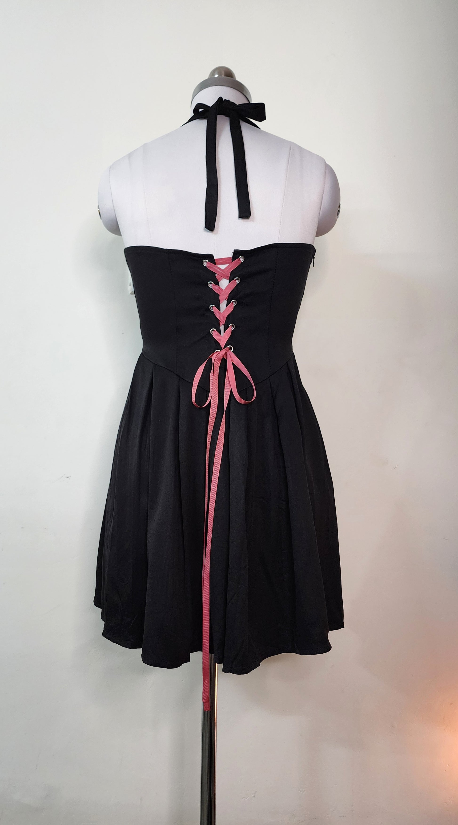 Black Halter Neck Mini Dress with Pink Ribbon Detail
