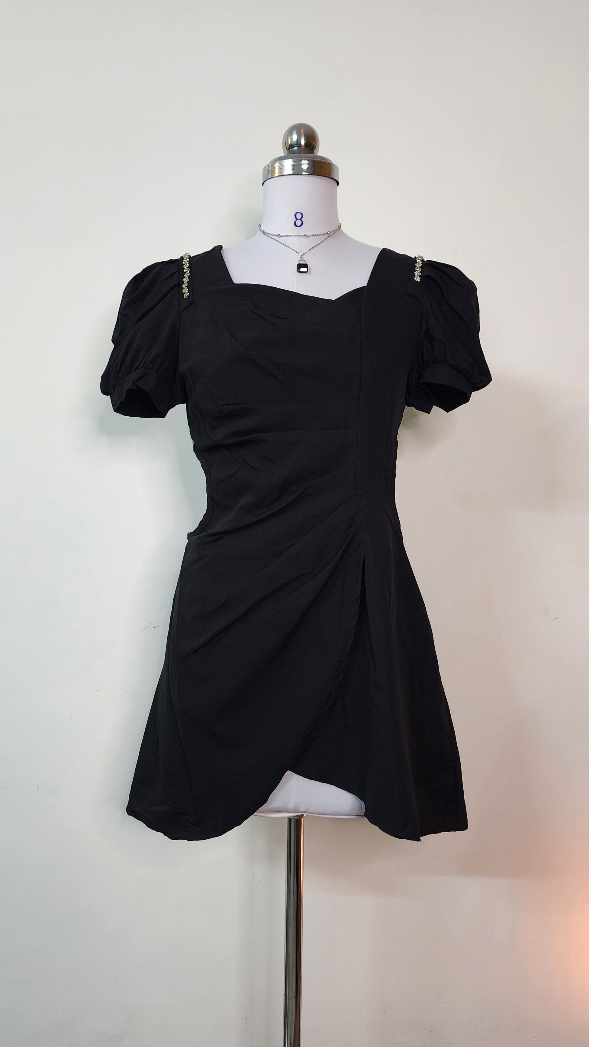 Black Mini Party Dress - Puff Sleeve Square Neck with Side Cutouts
