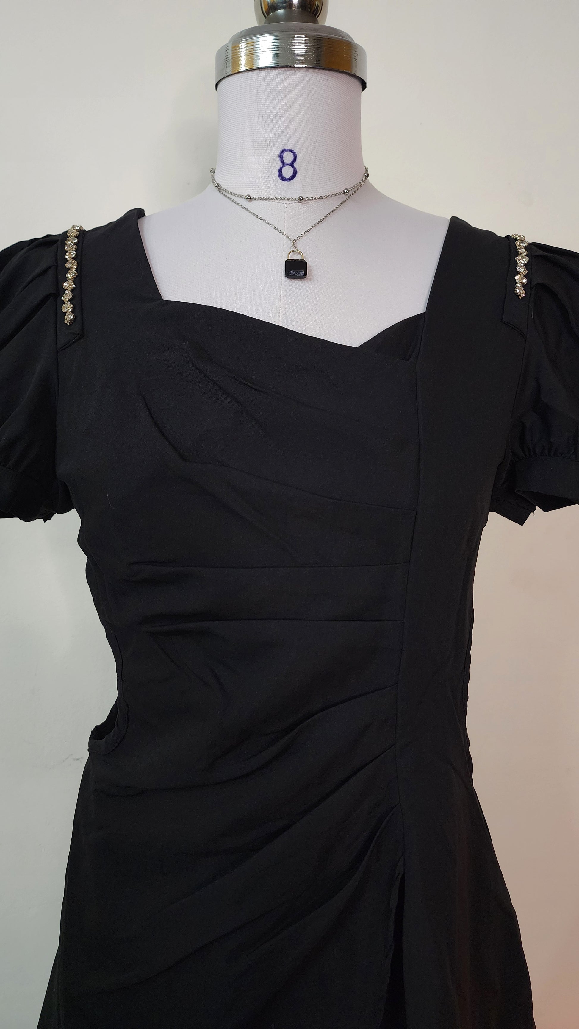 Black Mini Party Dress - Puff Sleeve Square Neck with Side Cutouts