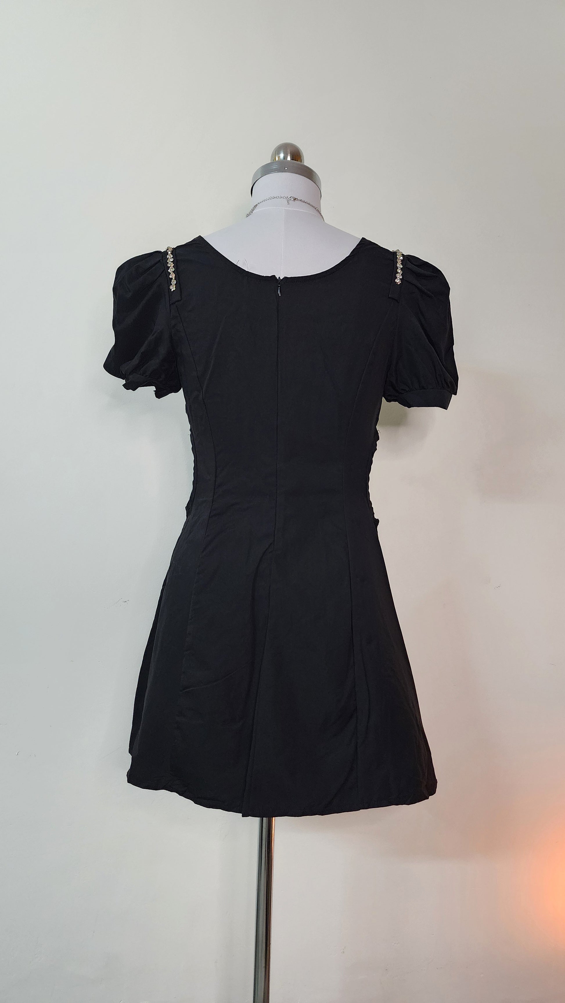Black Mini Party Dress - Puff Sleeve Square Neck with Side Cutouts