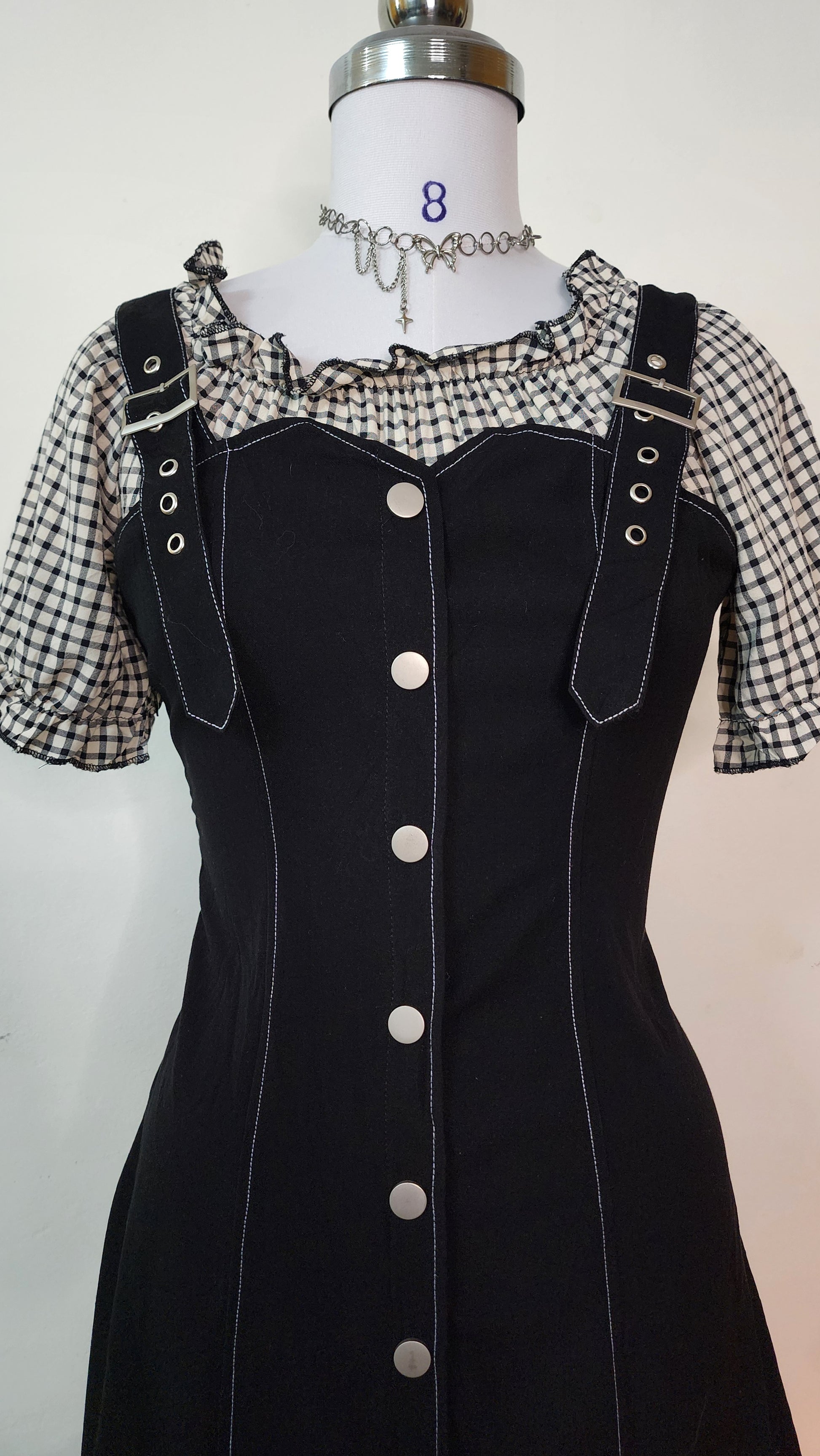 Black Suspender Mini Dress with Gingham Ruffle Top Set