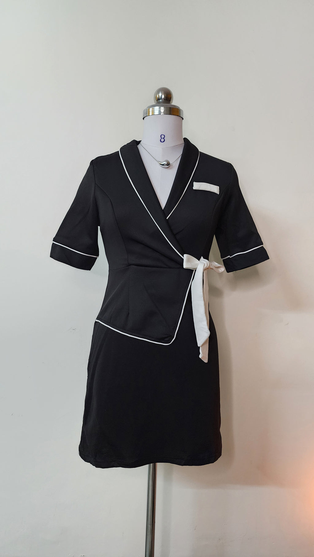 Black Wrap Mini Dress with White Trim - Short Sleeve V-Neck