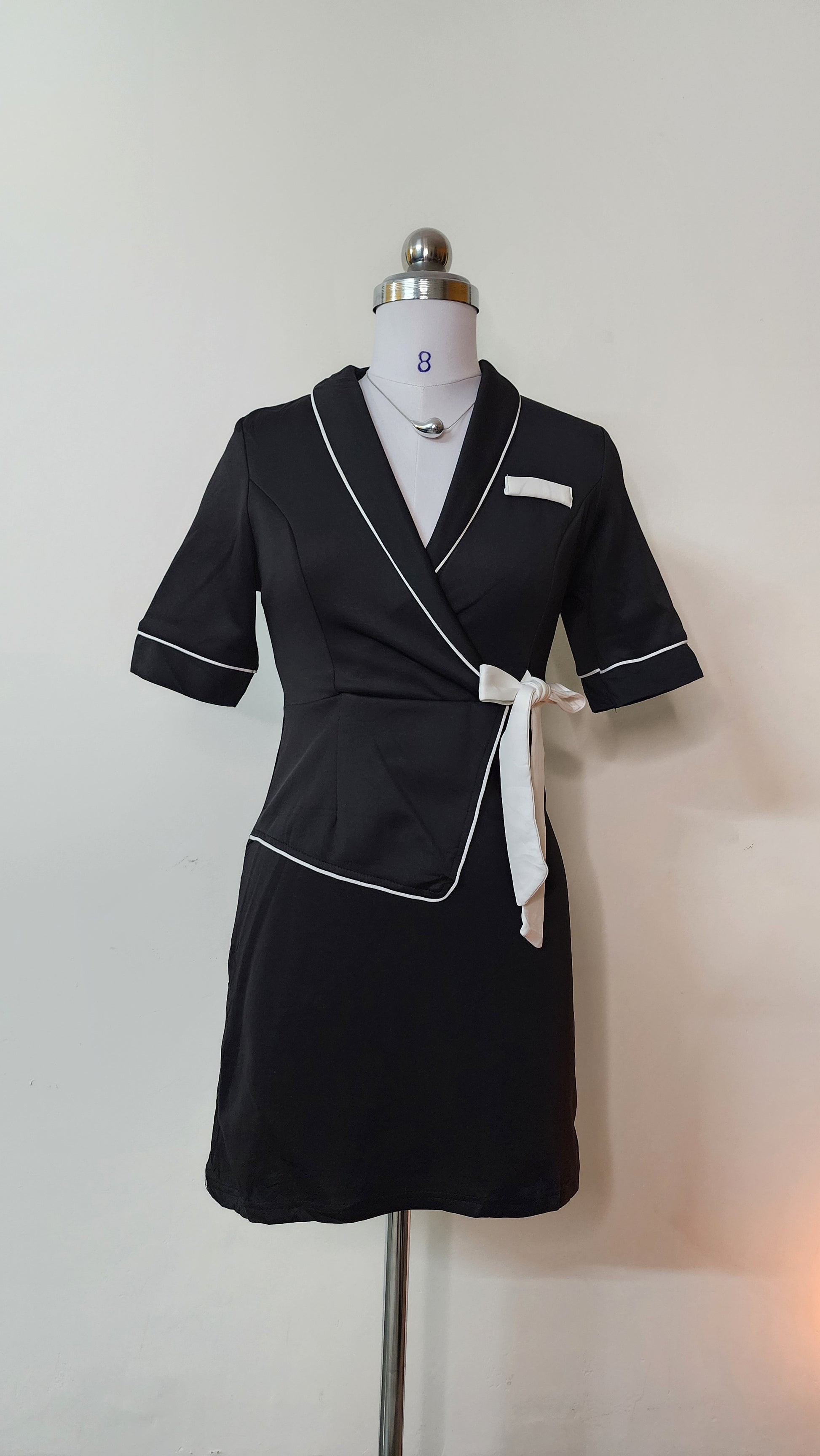Black Wrap Mini Dress with White Trim - Short Sleeve V-Neck