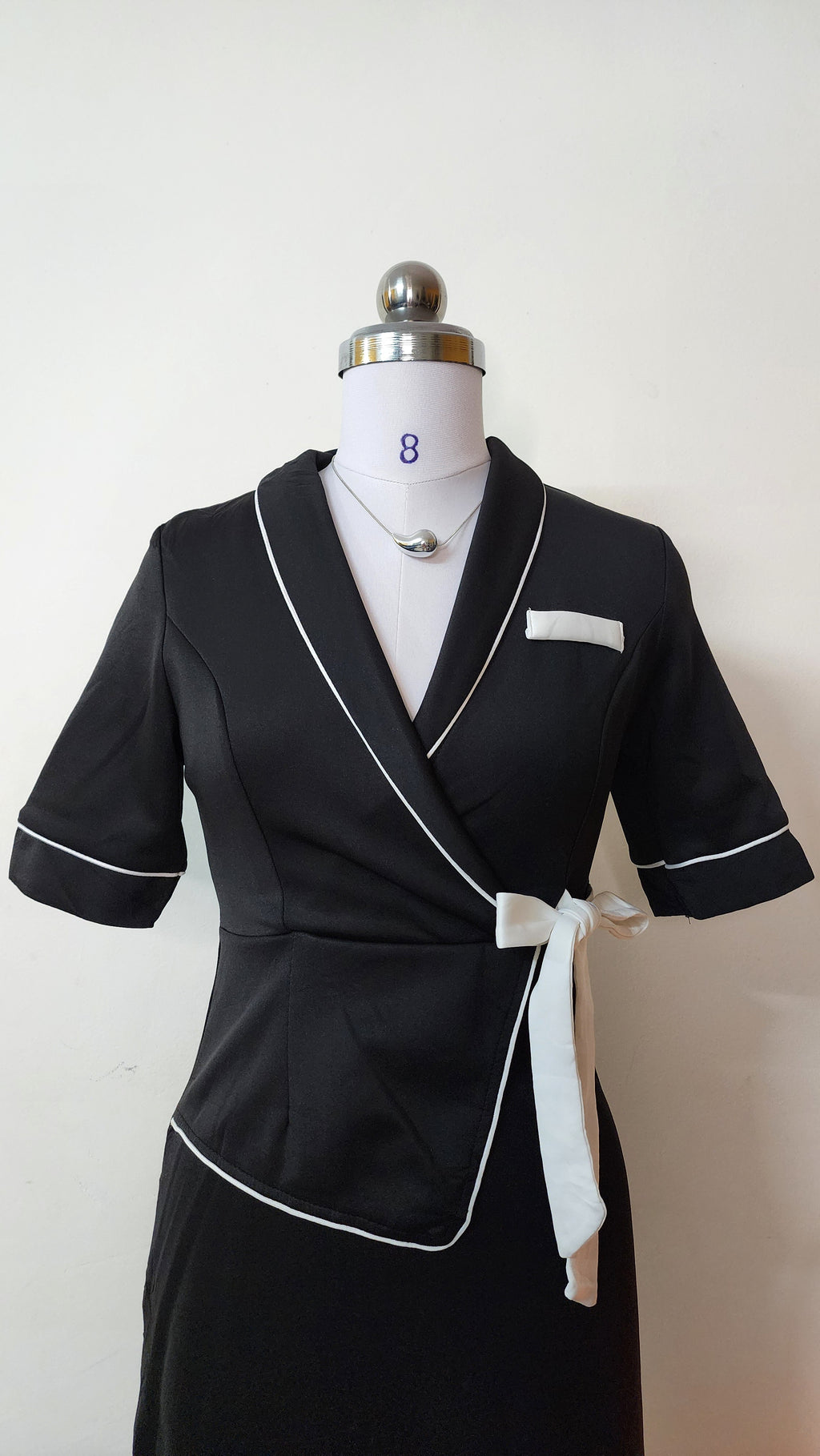 Black Wrap Mini Dress with White Trim - Short Sleeve V-Neck