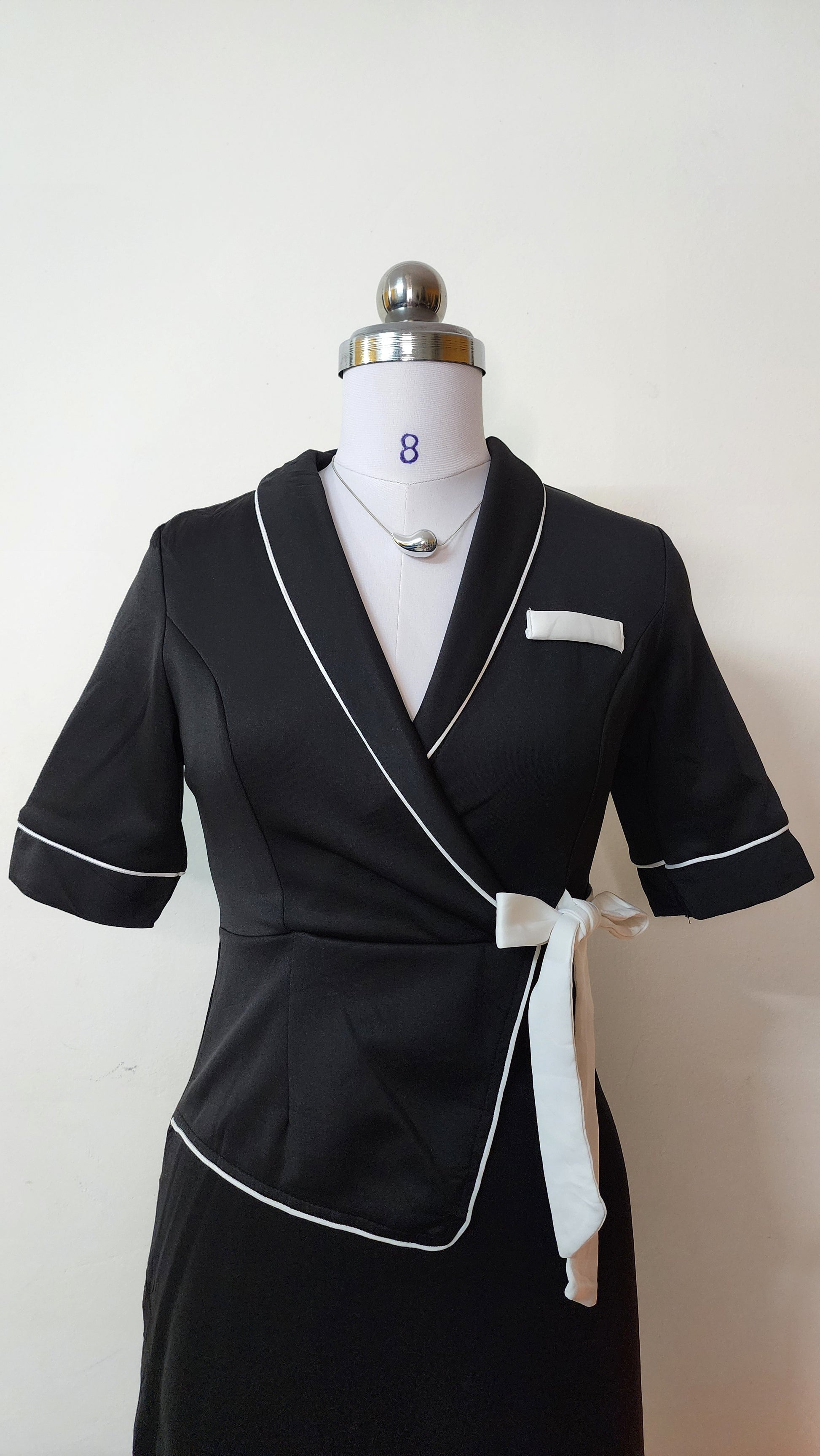 Black Wrap Mini Dress with White Trim - Short Sleeve V-Neck