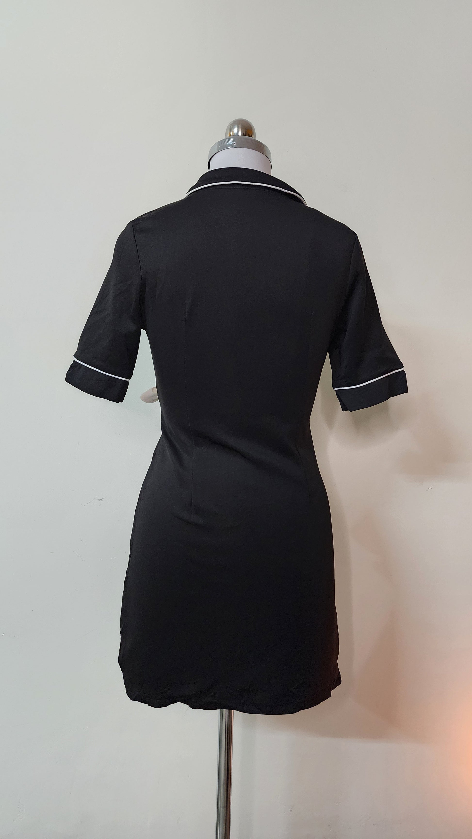 Black Wrap Mini Dress with White Trim - Short Sleeve V-Neck