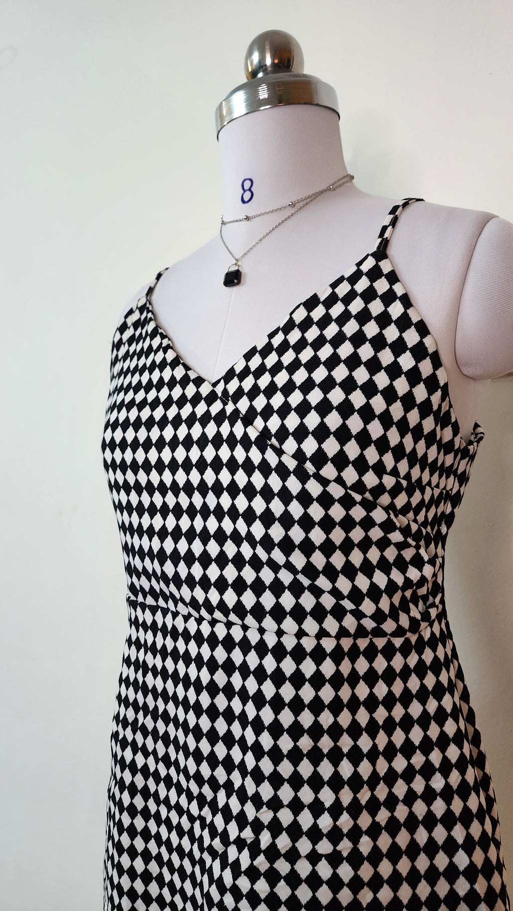 Black and White Diamond Print Mini Dress - V-Neck Spaghetti Strap Dress