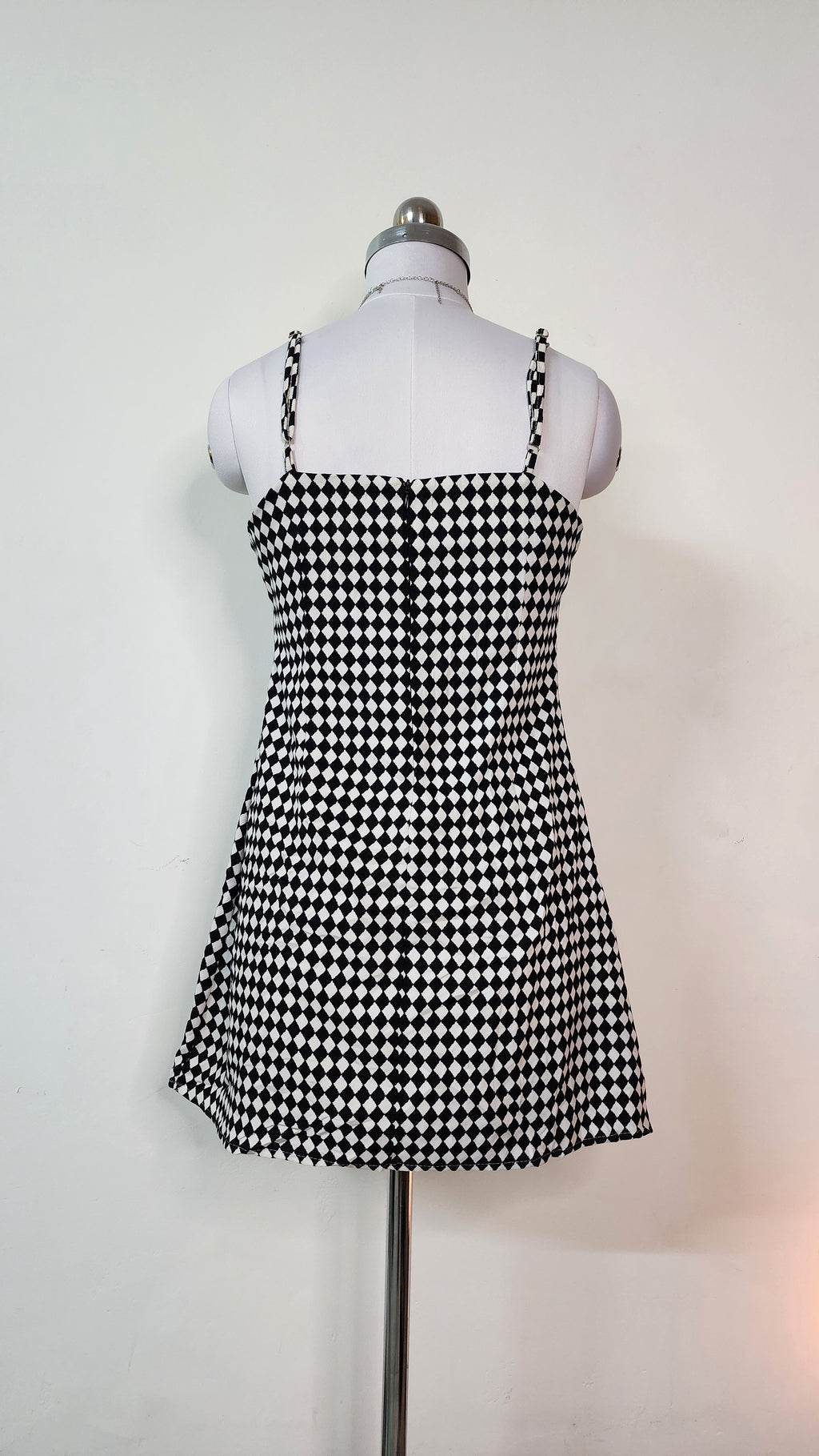 Black and White Diamond Print Mini Dress - V-Neck Spaghetti Strap Dress