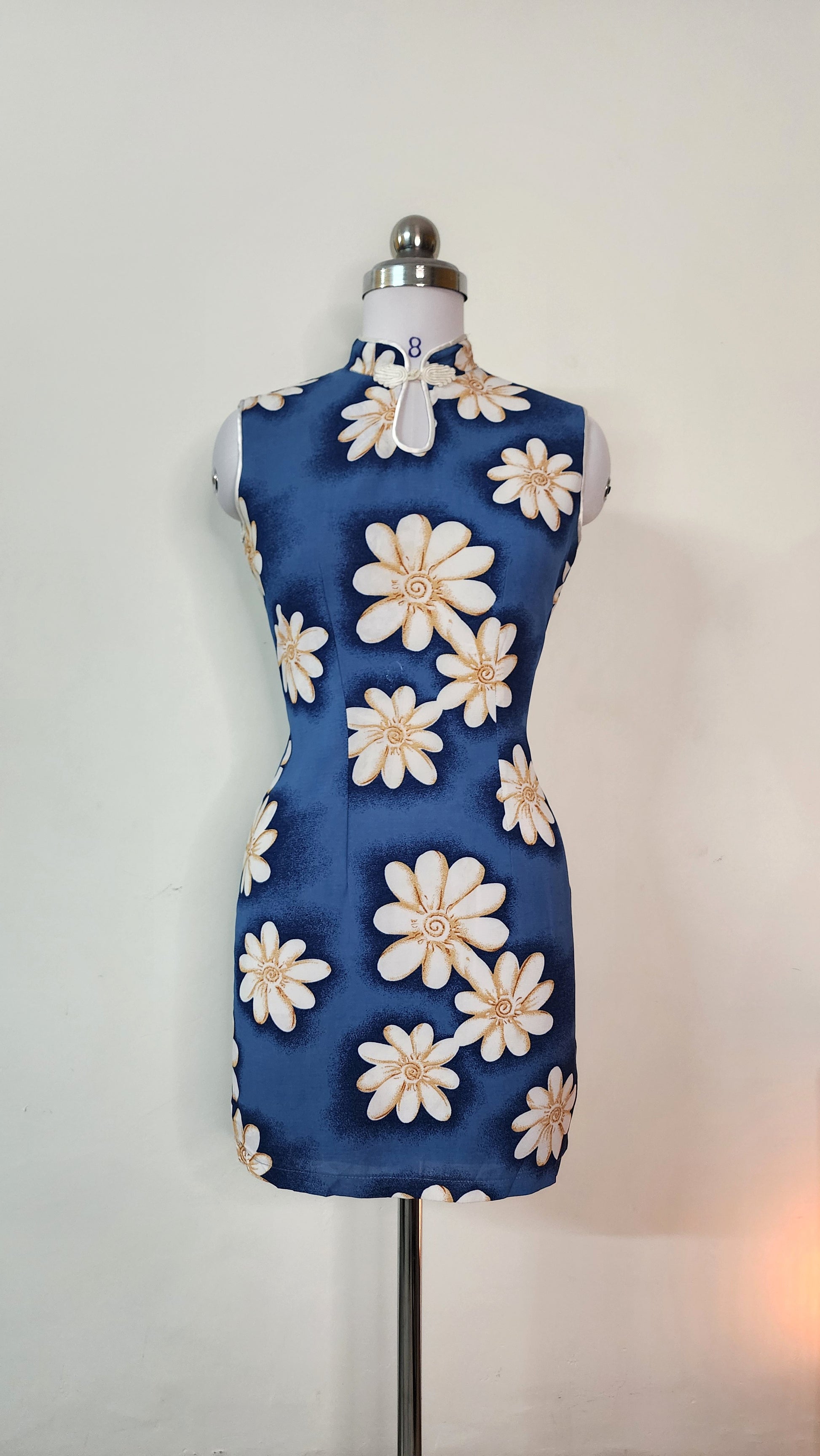Blue Floral Cheongsam Style Mini Dress - Sleeveless High Neck