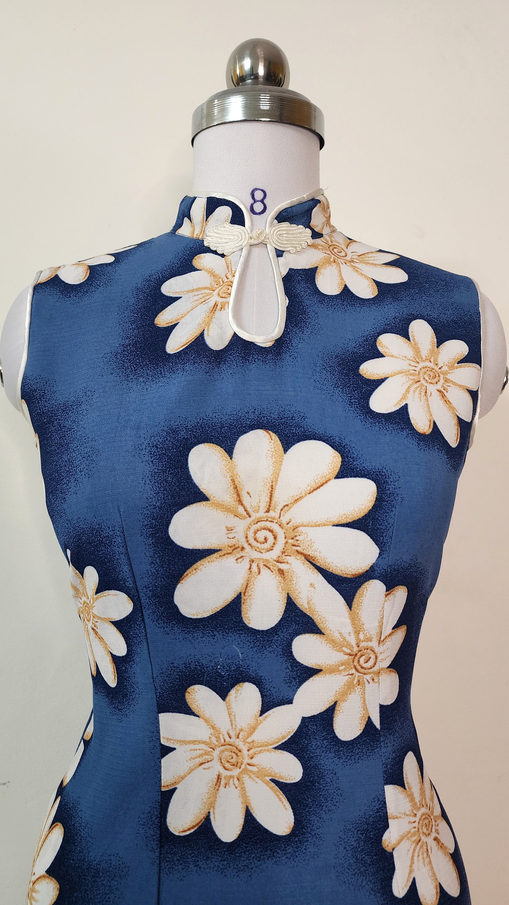 Blue Floral Cheongsam Style Mini Dress - Sleeveless High Neck