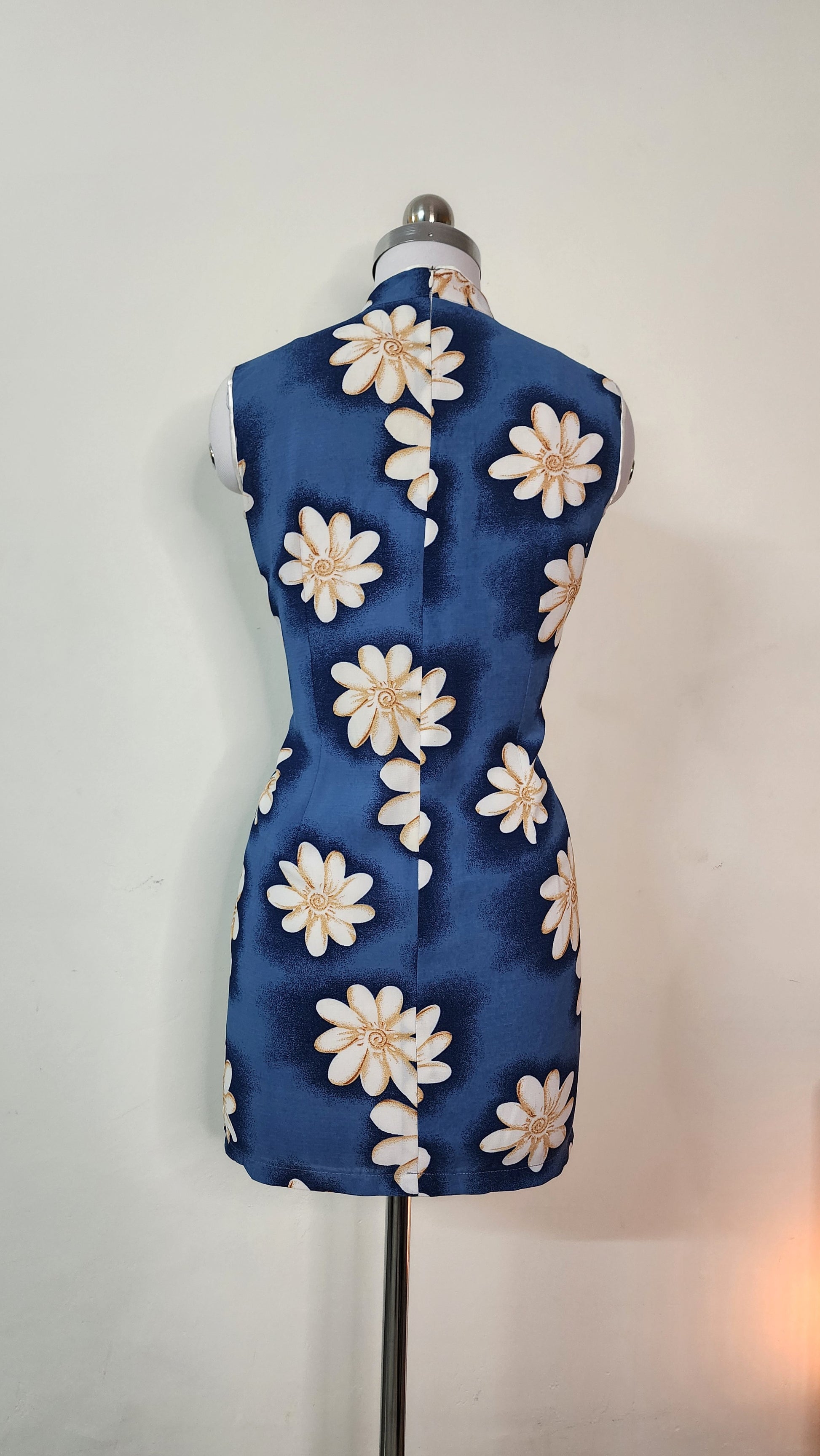 Blue Floral Cheongsam Style Mini Dress - Sleeveless High Neck