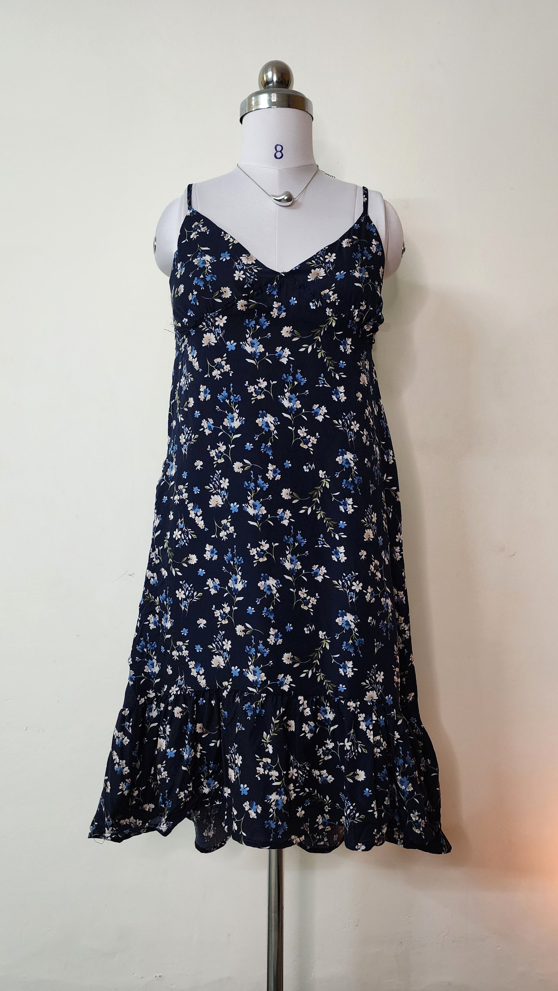 Blue Floral Midi Dress - Sleeveless V-Neck with Ruffle Hem