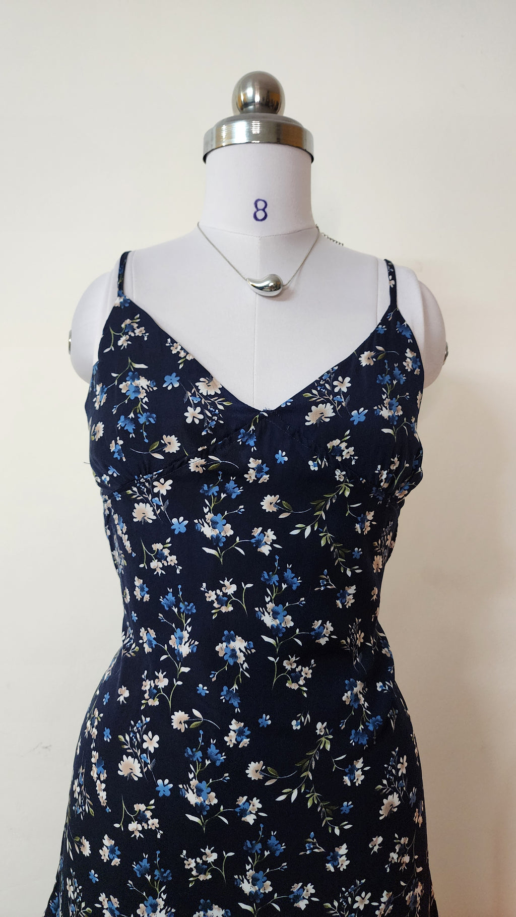 Blue Floral Midi Dress - Sleeveless V-Neck with Ruffle Hem