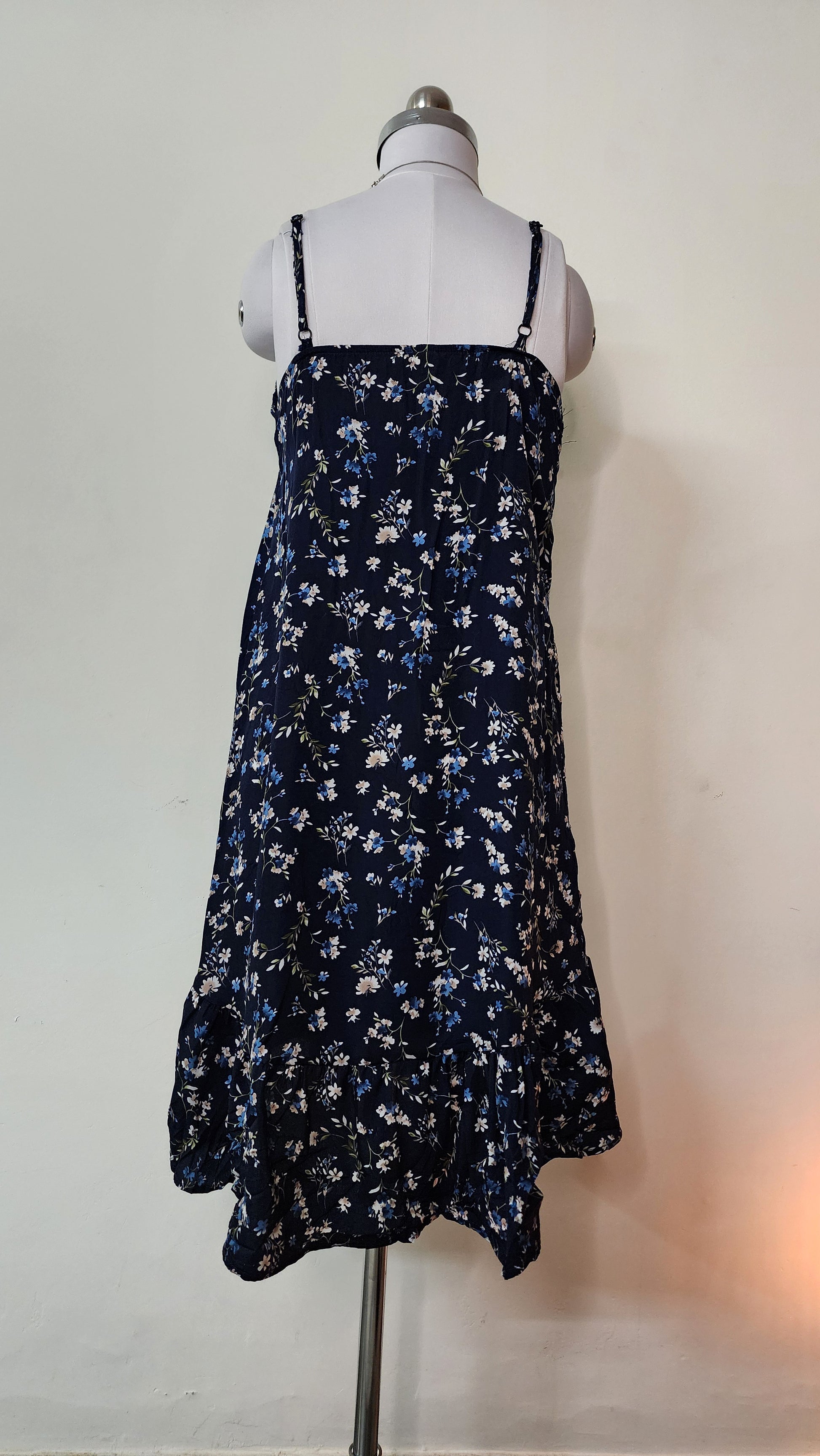 Blue Floral Midi Dress - Sleeveless V-Neck with Ruffle Hem