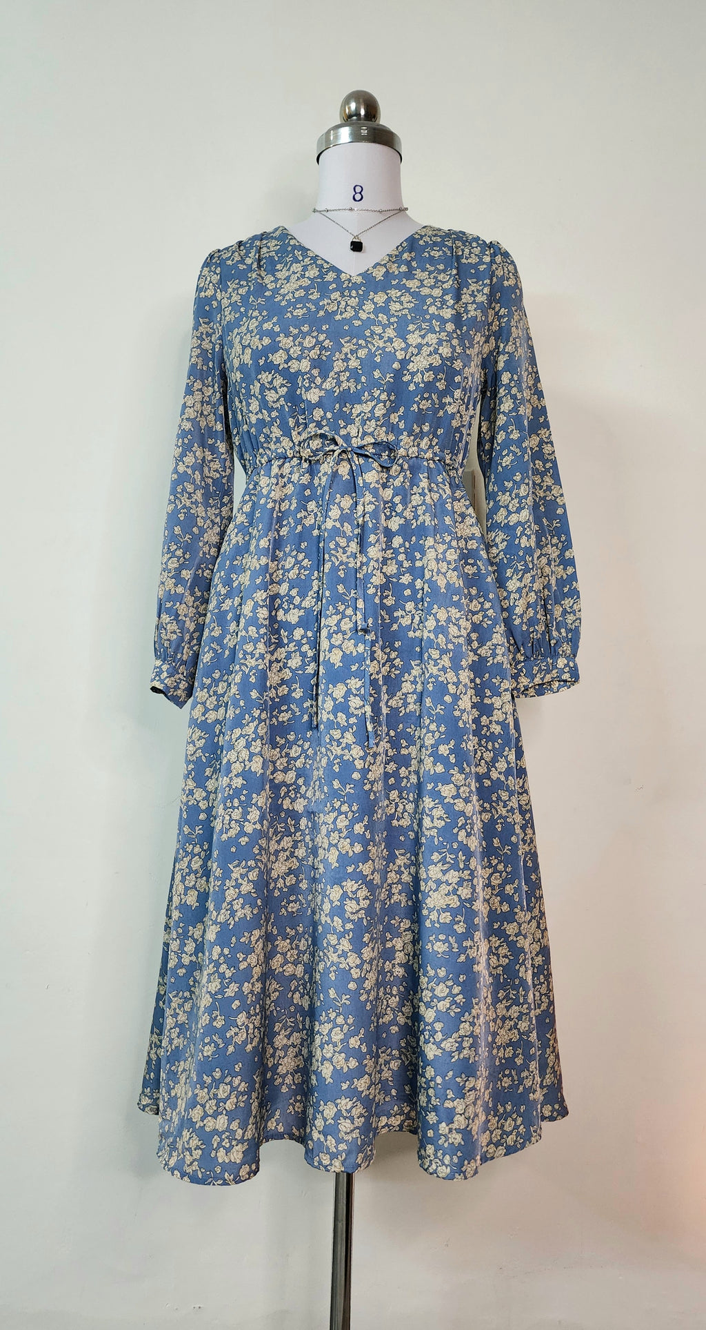 Blue Floral Print Midi Dress - Long Sleeve V-Neck with Tie Waist