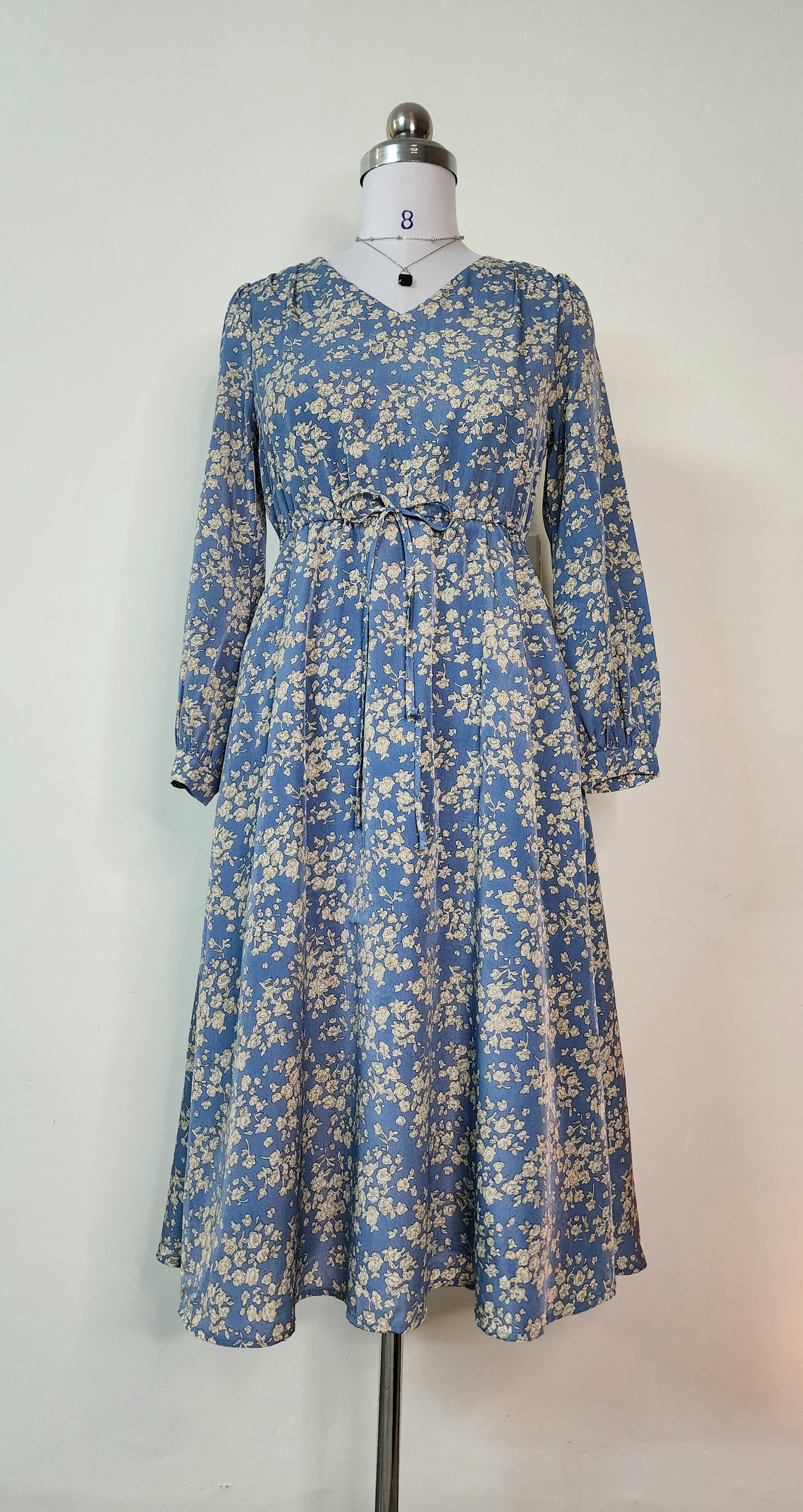 Blue Floral Print Midi Dress - Long Sleeve V-Neck with Tie Waist