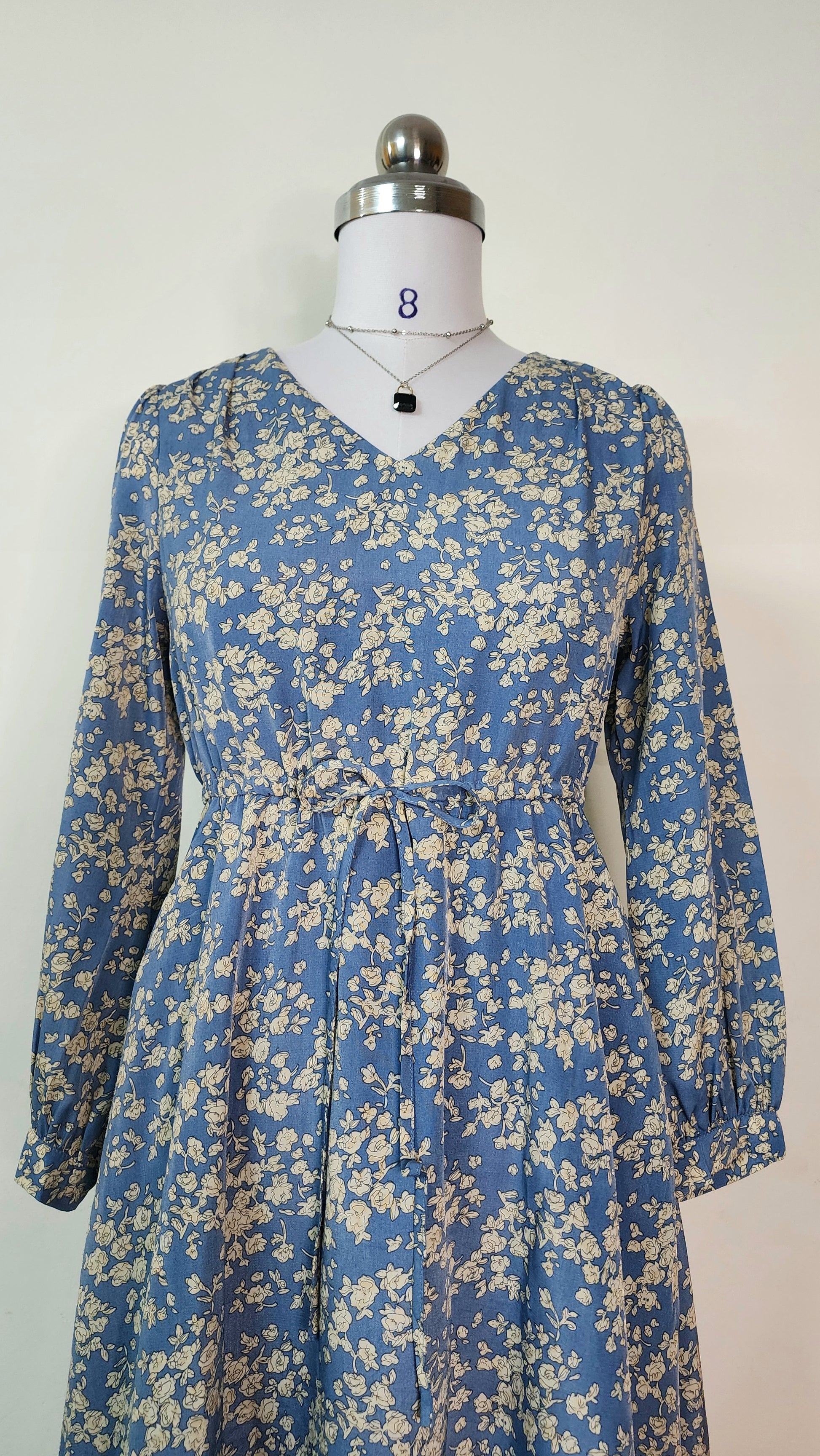 Blue Floral Print Midi Dress - Long Sleeve V-Neck with Tie Waist