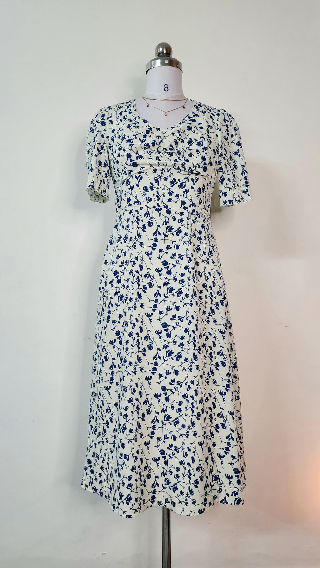 Blue Floral Print Midi Dress - Short Sleeve V-Neck
