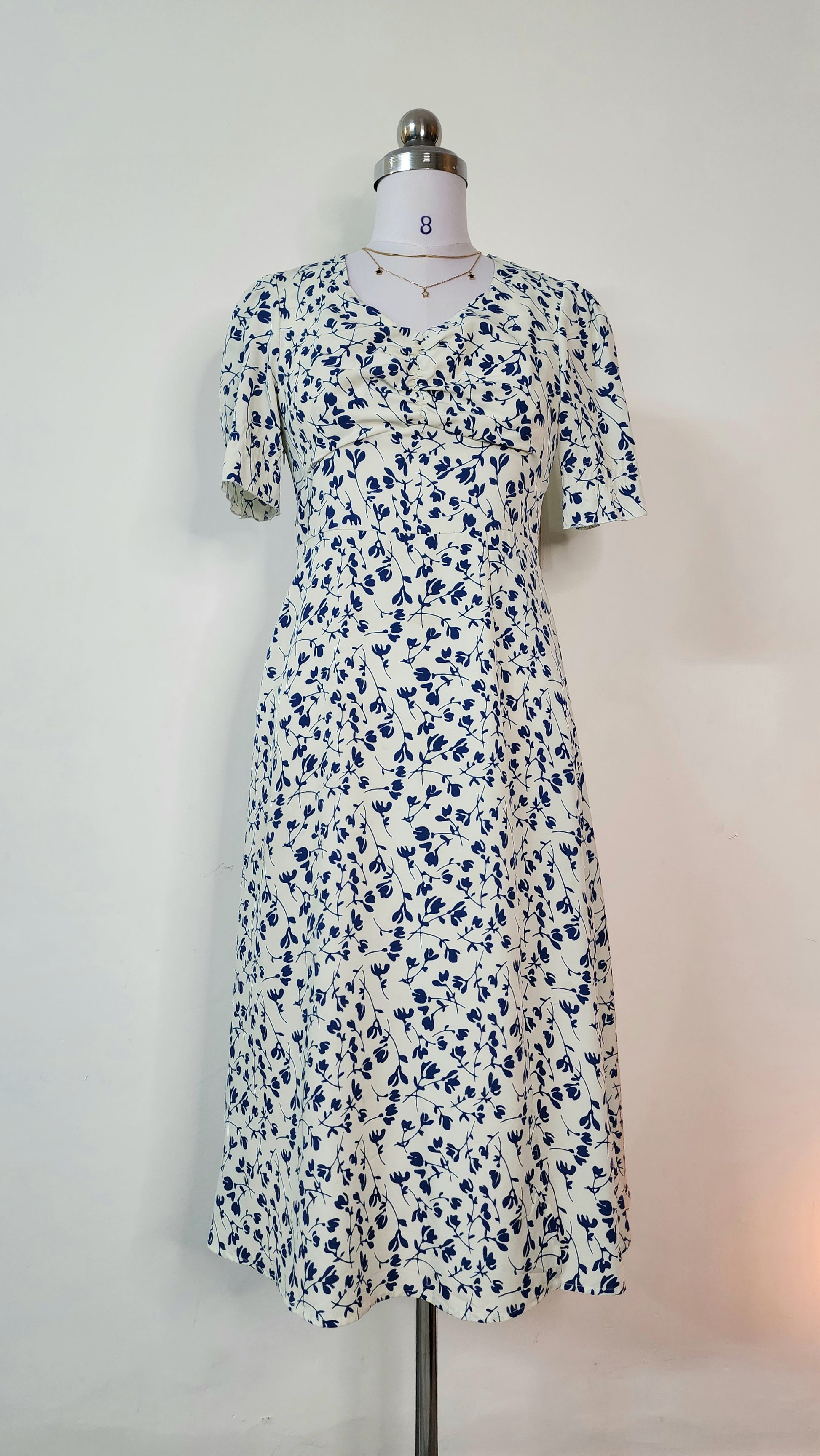 Blue Floral Print Midi Dress - Short Sleeve V-Neck