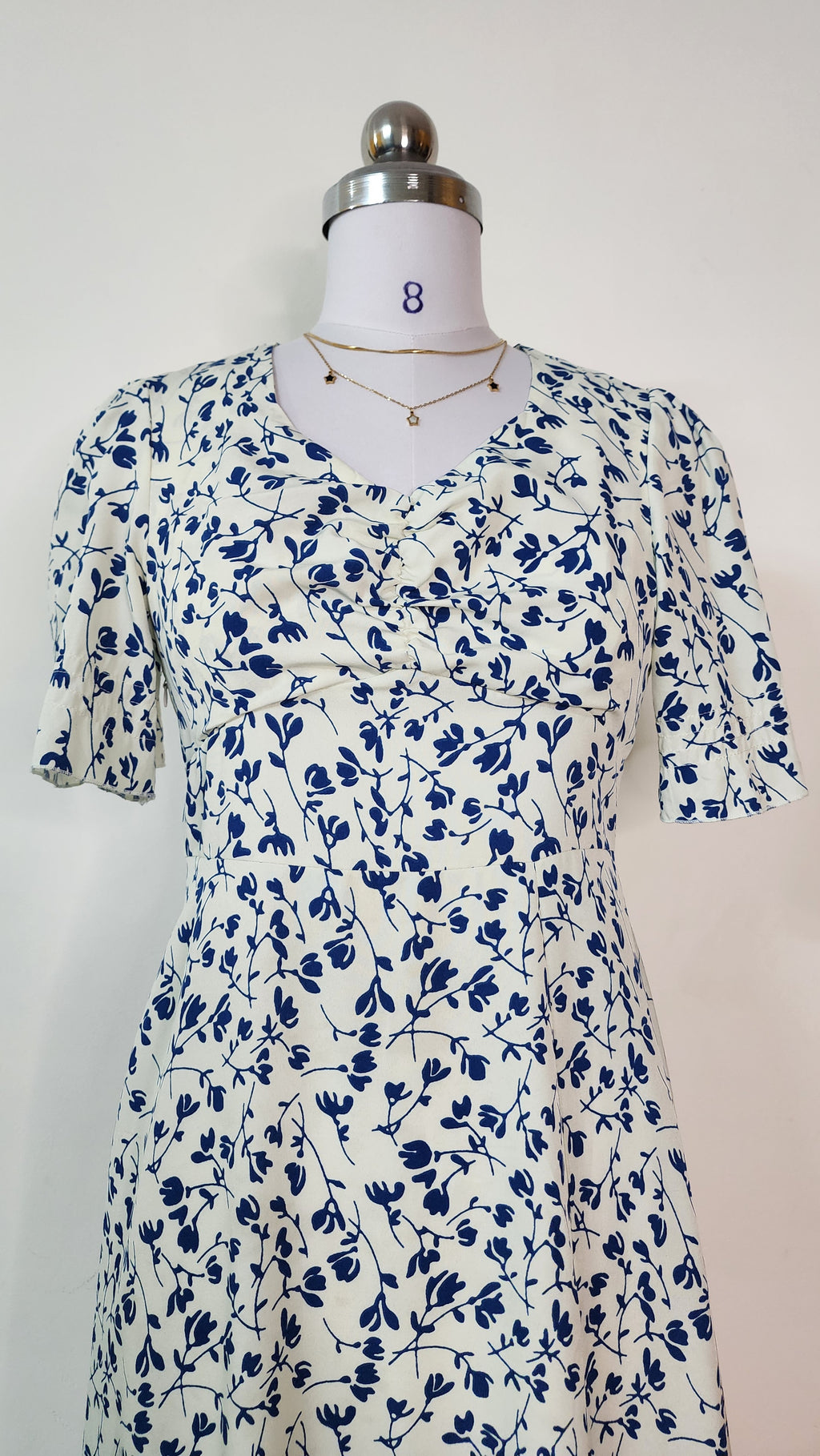Blue Floral Print Midi Dress - Short Sleeve V-Neck