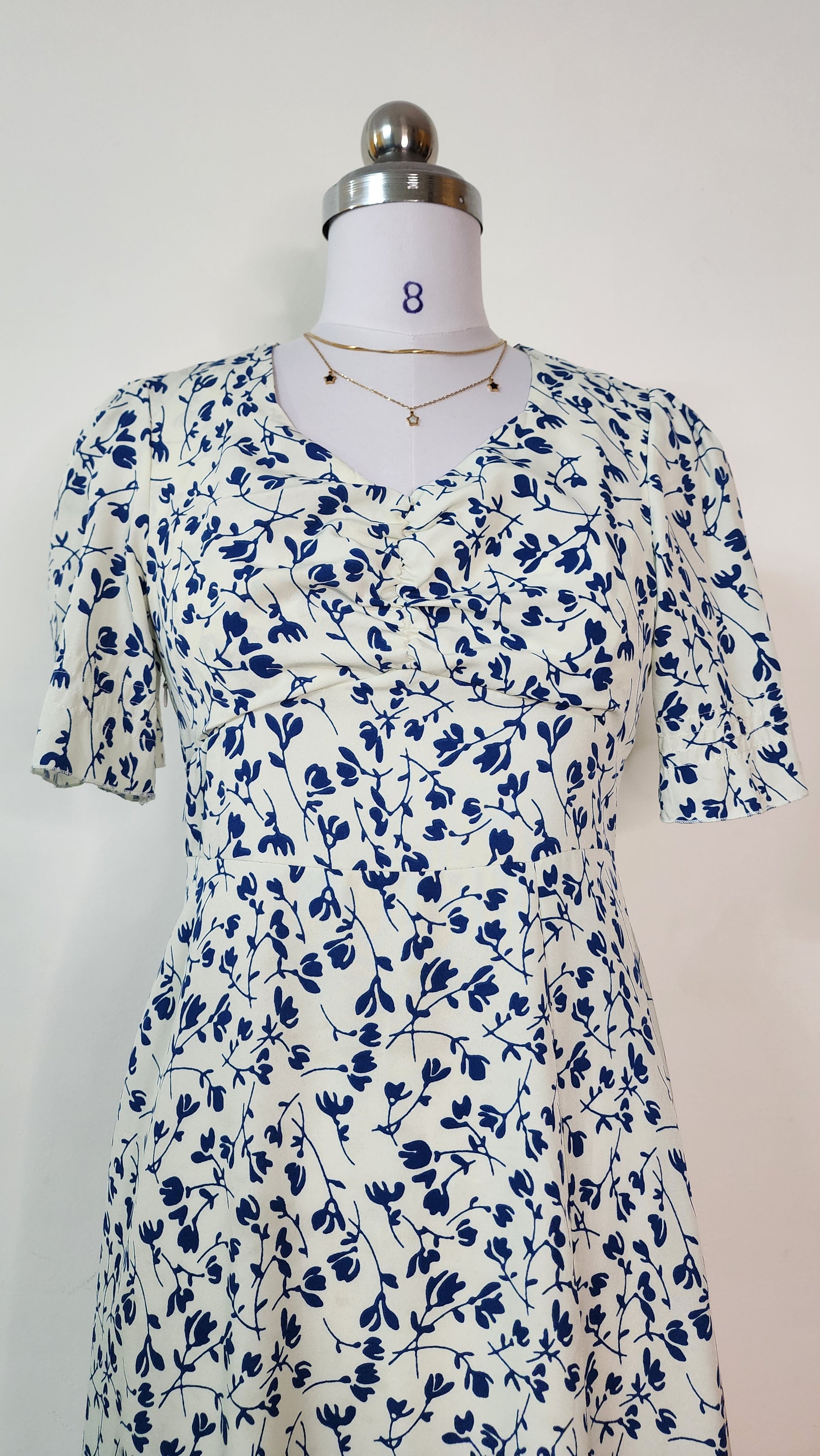 Blue Floral Print Midi Dress - Short Sleeve V-Neck