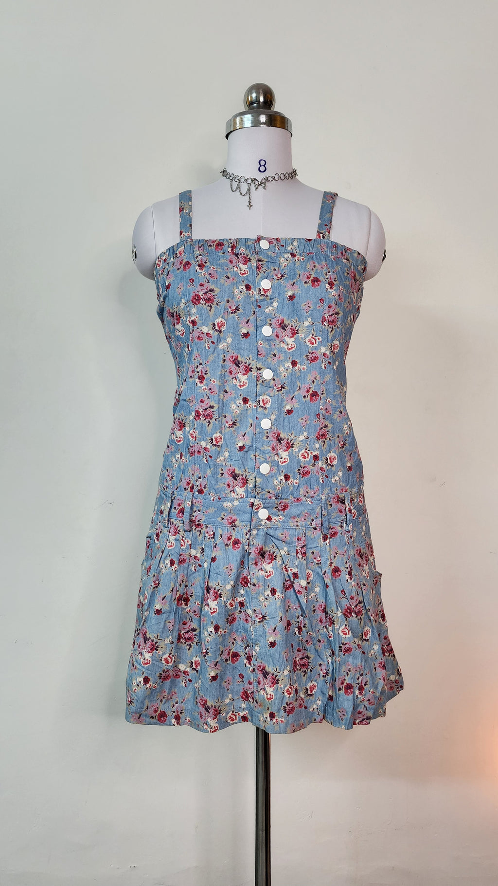 Blue Floral Summer Mini Dress - Button Front Strap Dress