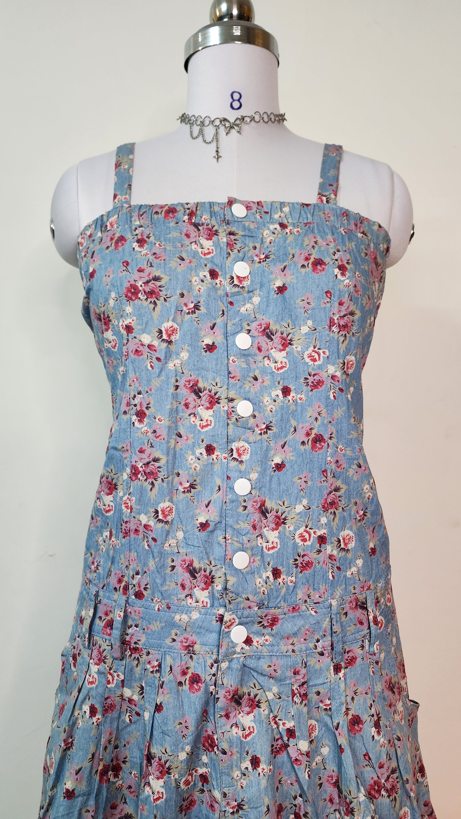 Blue Floral Summer Mini Dress - Button Front Strap Dress