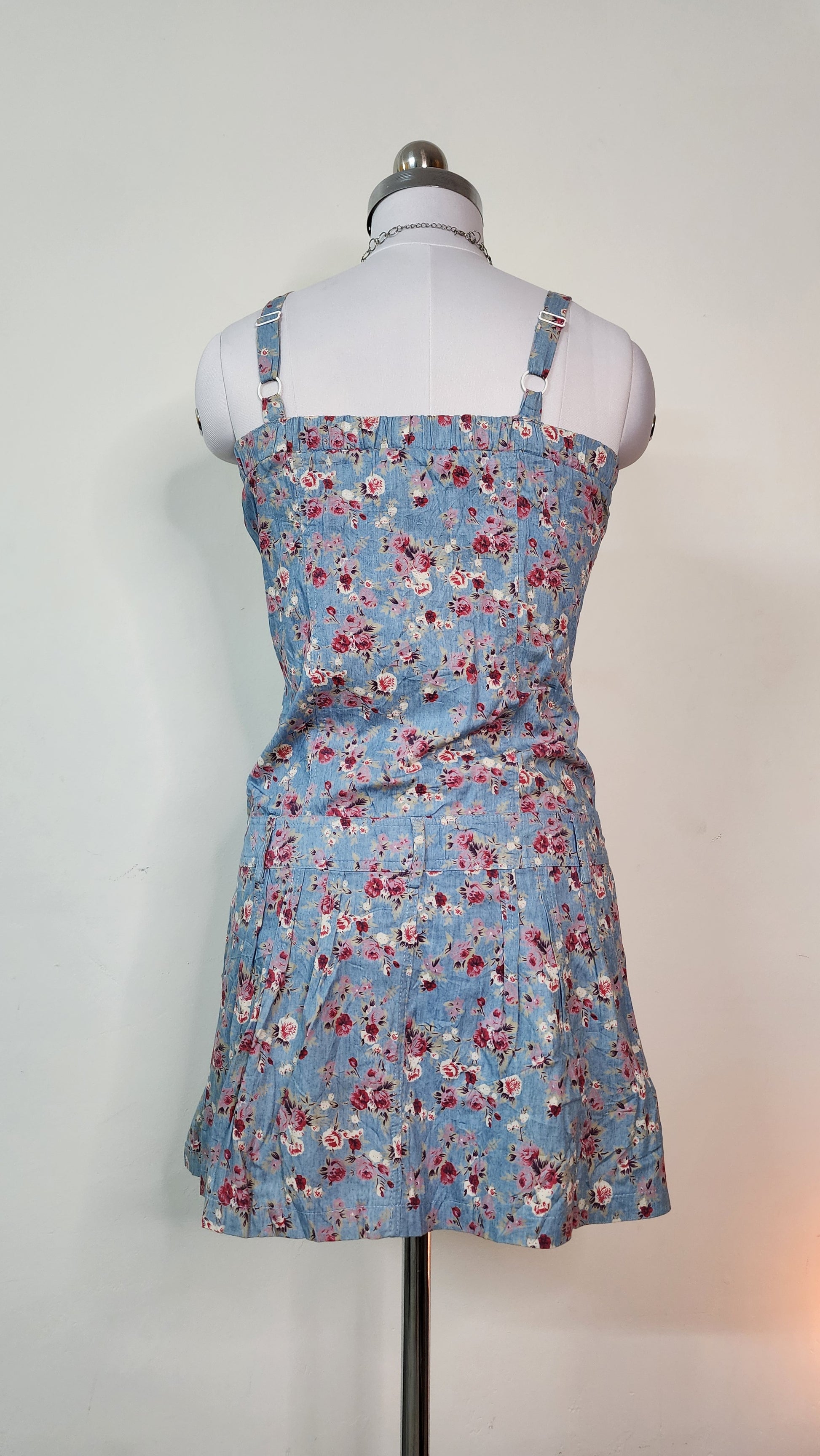 Blue Floral Summer Mini Dress - Button Front Strap Dress