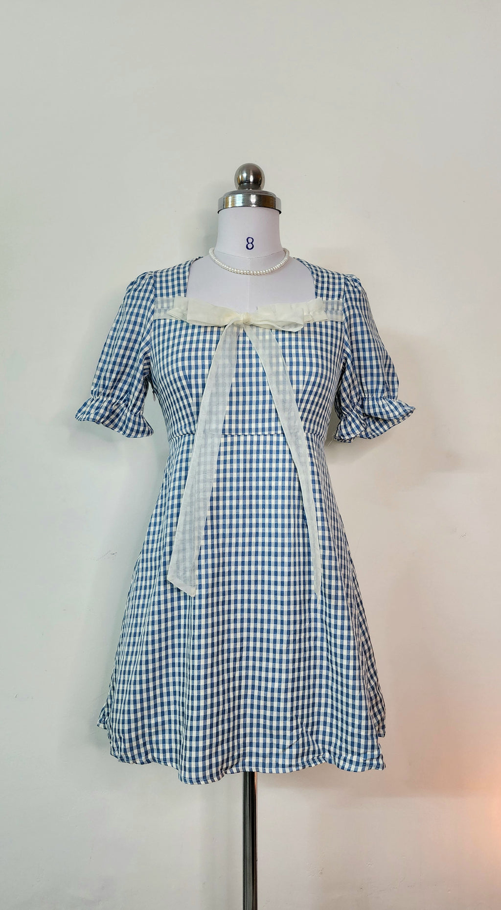Blue Gingham Check Mini Dress - Square Neck Puff Sleeve with Ribbon Tie