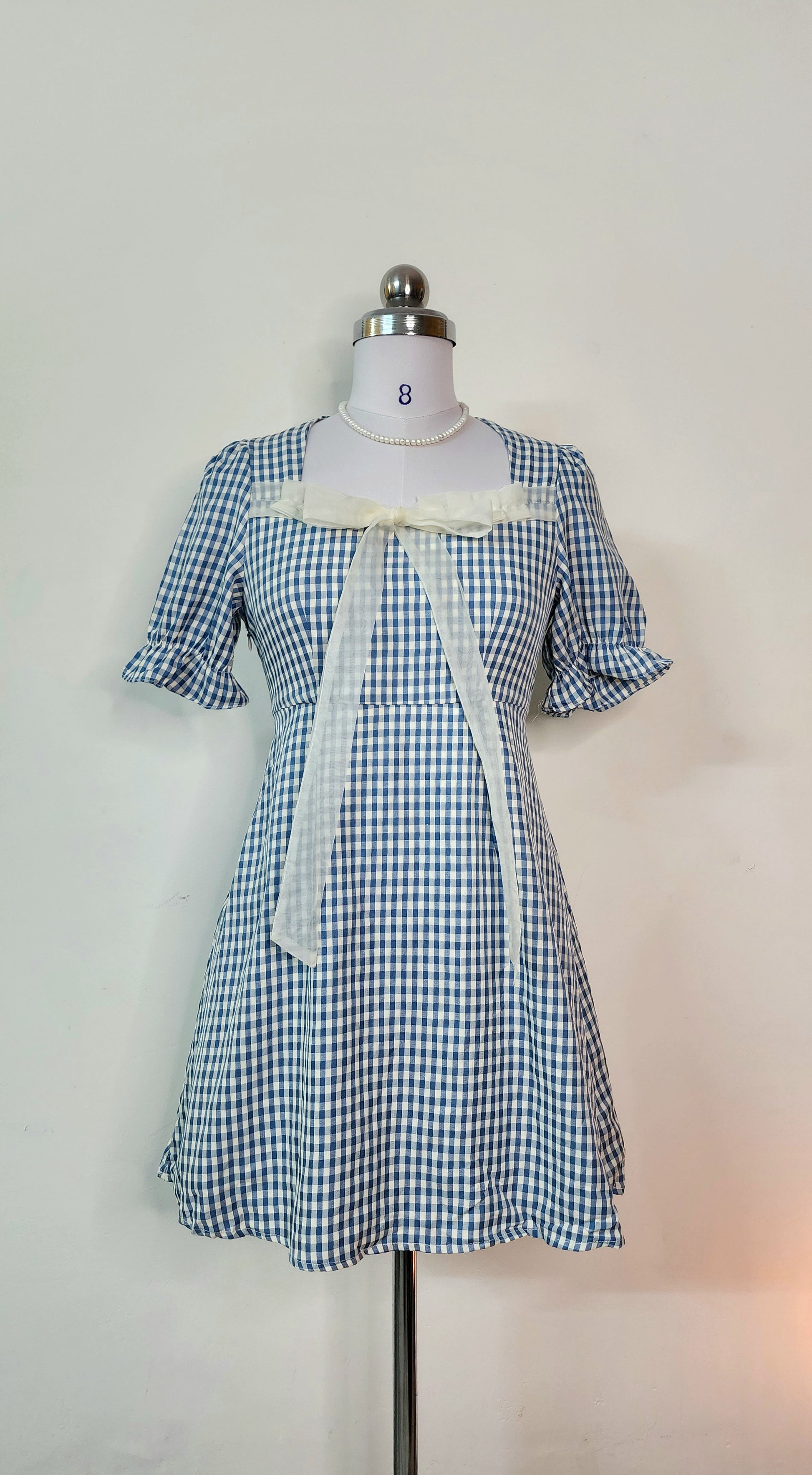 Blue Gingham Check Mini Dress - Square Neck Puff Sleeve with Ribbon Tie
