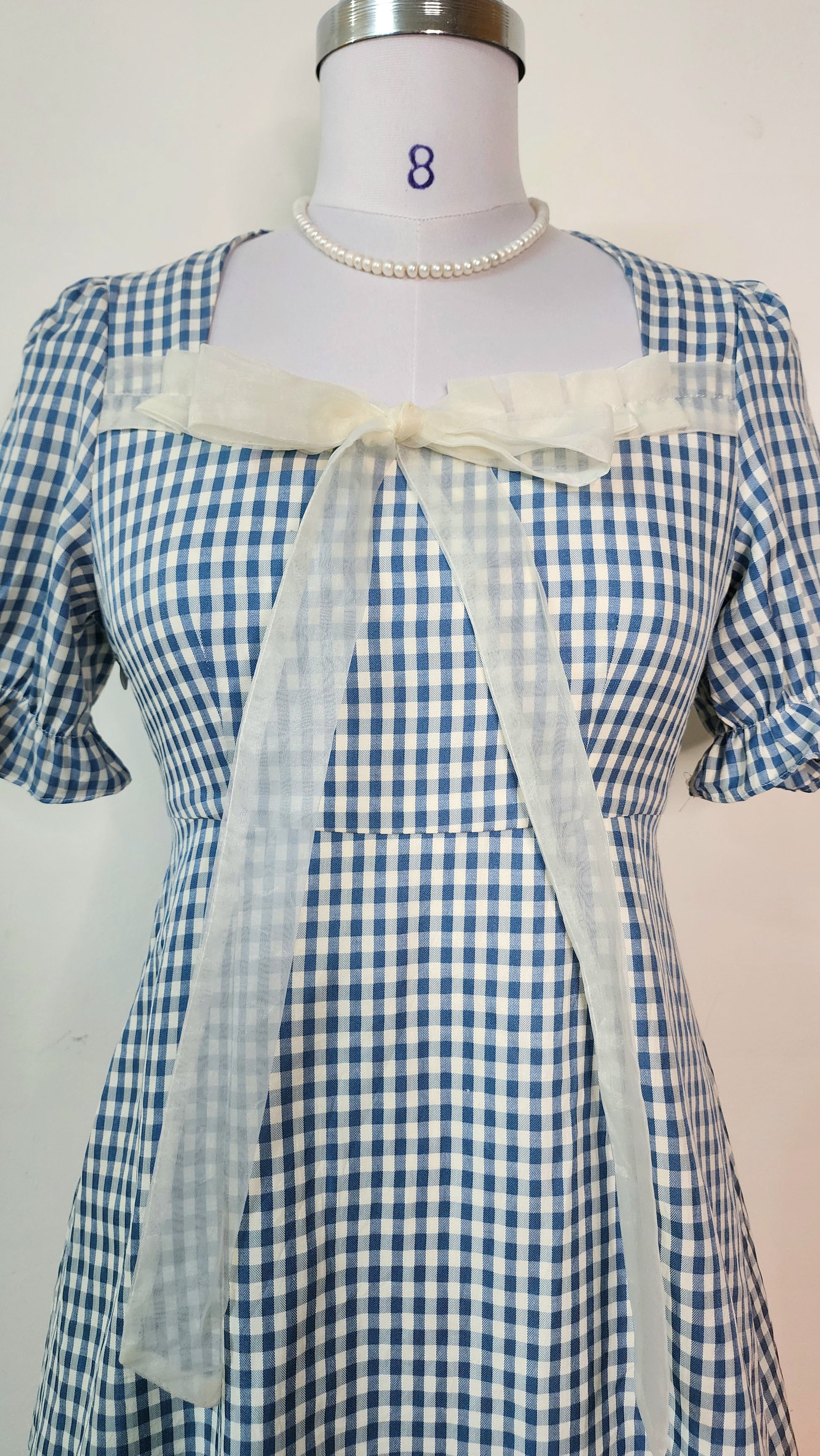 Blue Gingham Check Mini Dress - Square Neck Puff Sleeve with Ribbon Tie