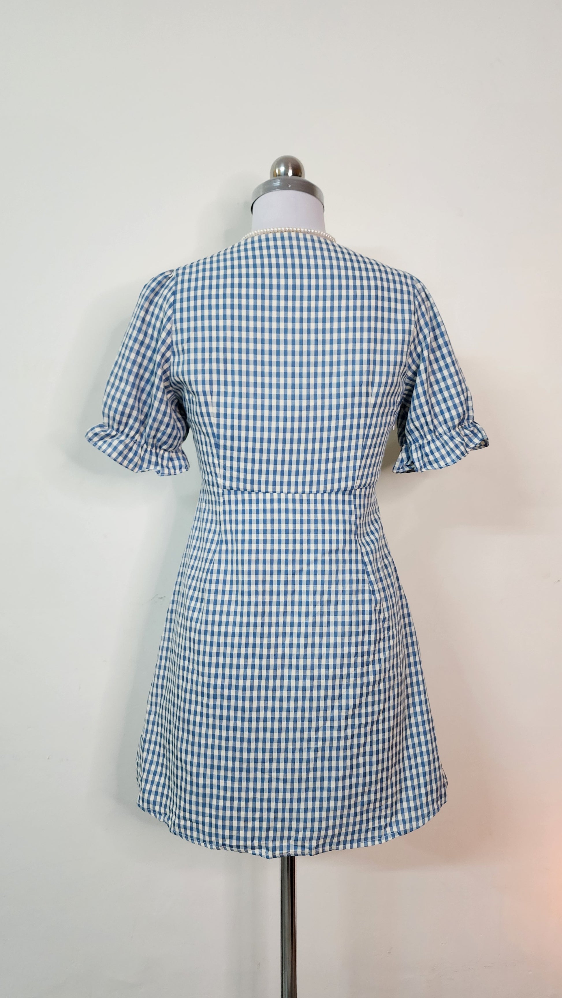 Blue Gingham Check Mini Dress - Square Neck Puff Sleeve with Ribbon Tie