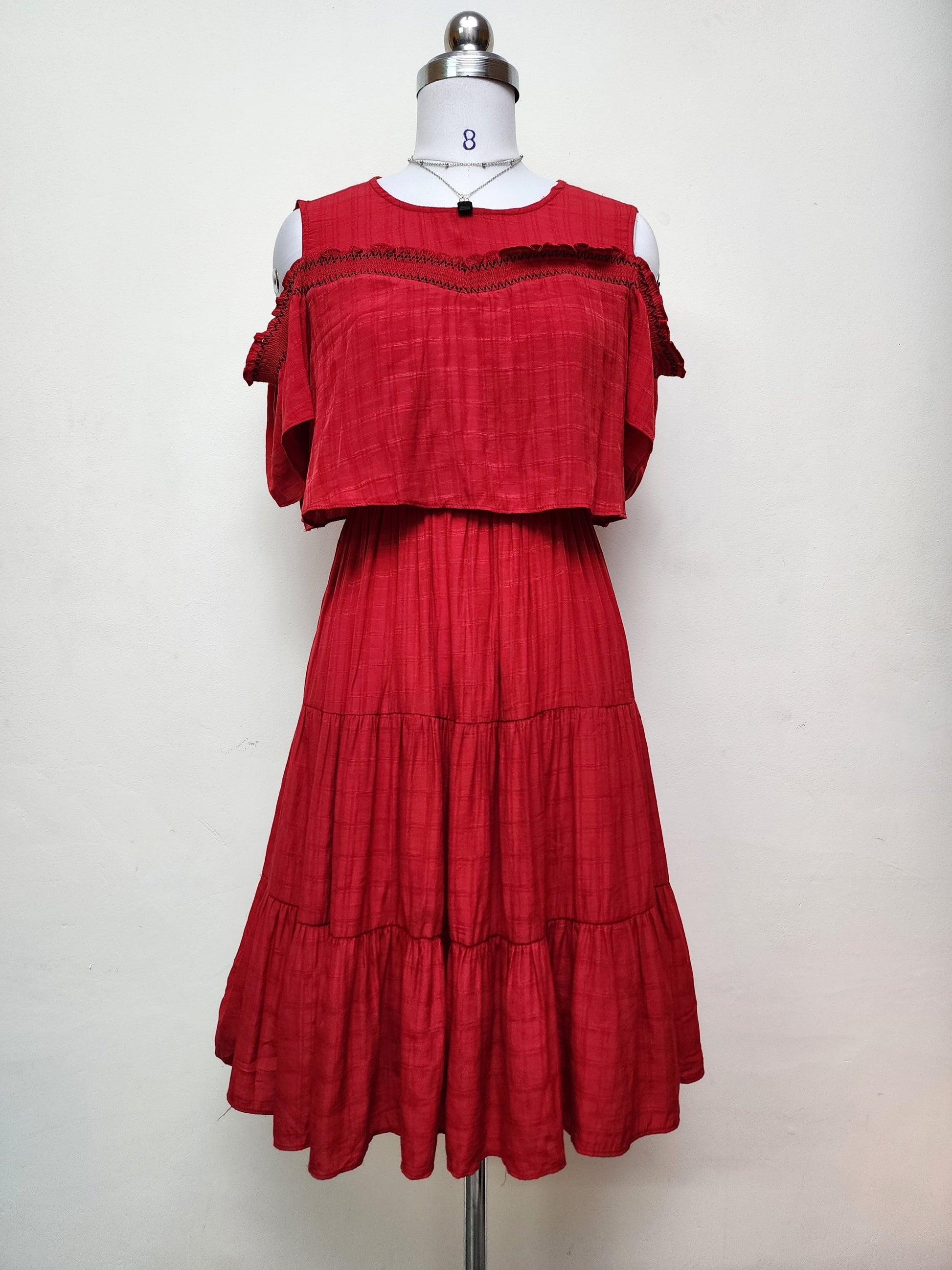 Bohemian Red Cold Shoulder Midi Dress - Tiered Ruffle Summer Dress