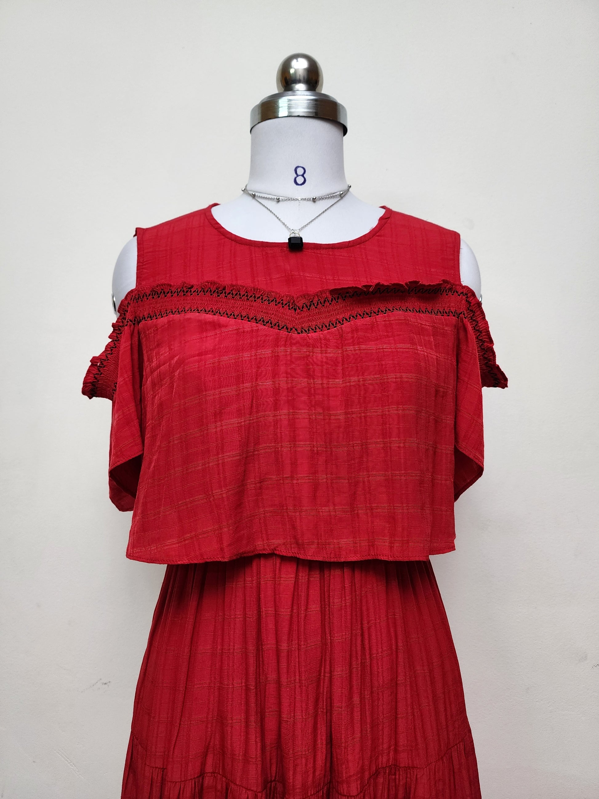 Bohemian Red Cold Shoulder Midi Dress - Tiered Ruffle Summer Dress