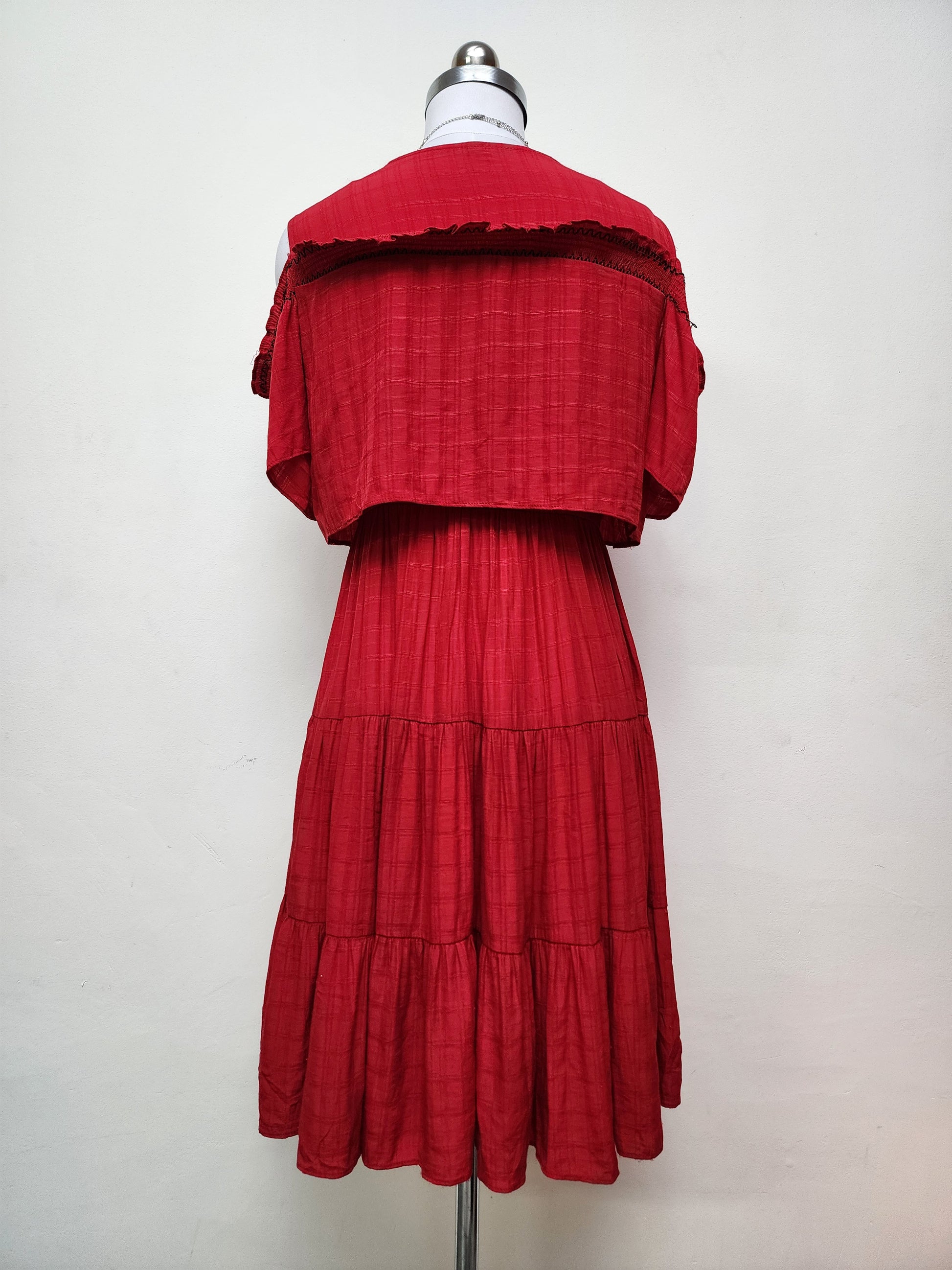 Bohemian Red Cold Shoulder Midi Dress - Tiered Ruffle Summer Dress