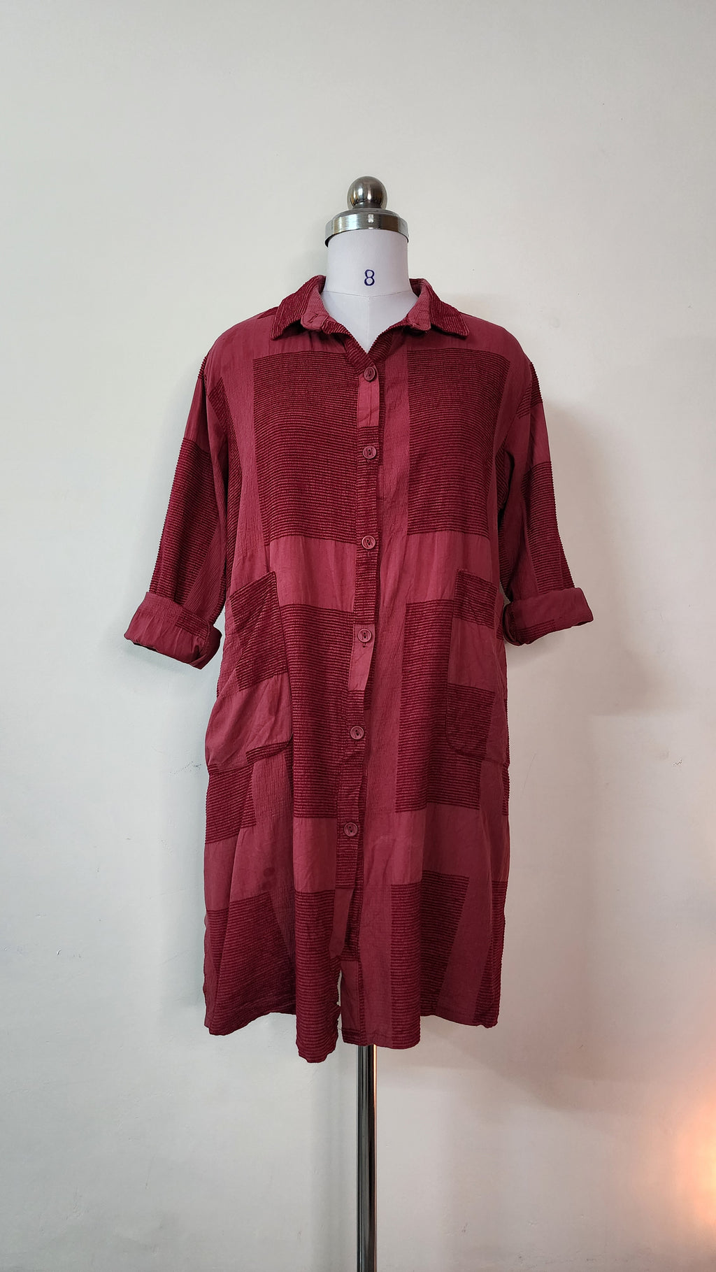 Burgundy Textured Patchwork Mini Shirt Dress