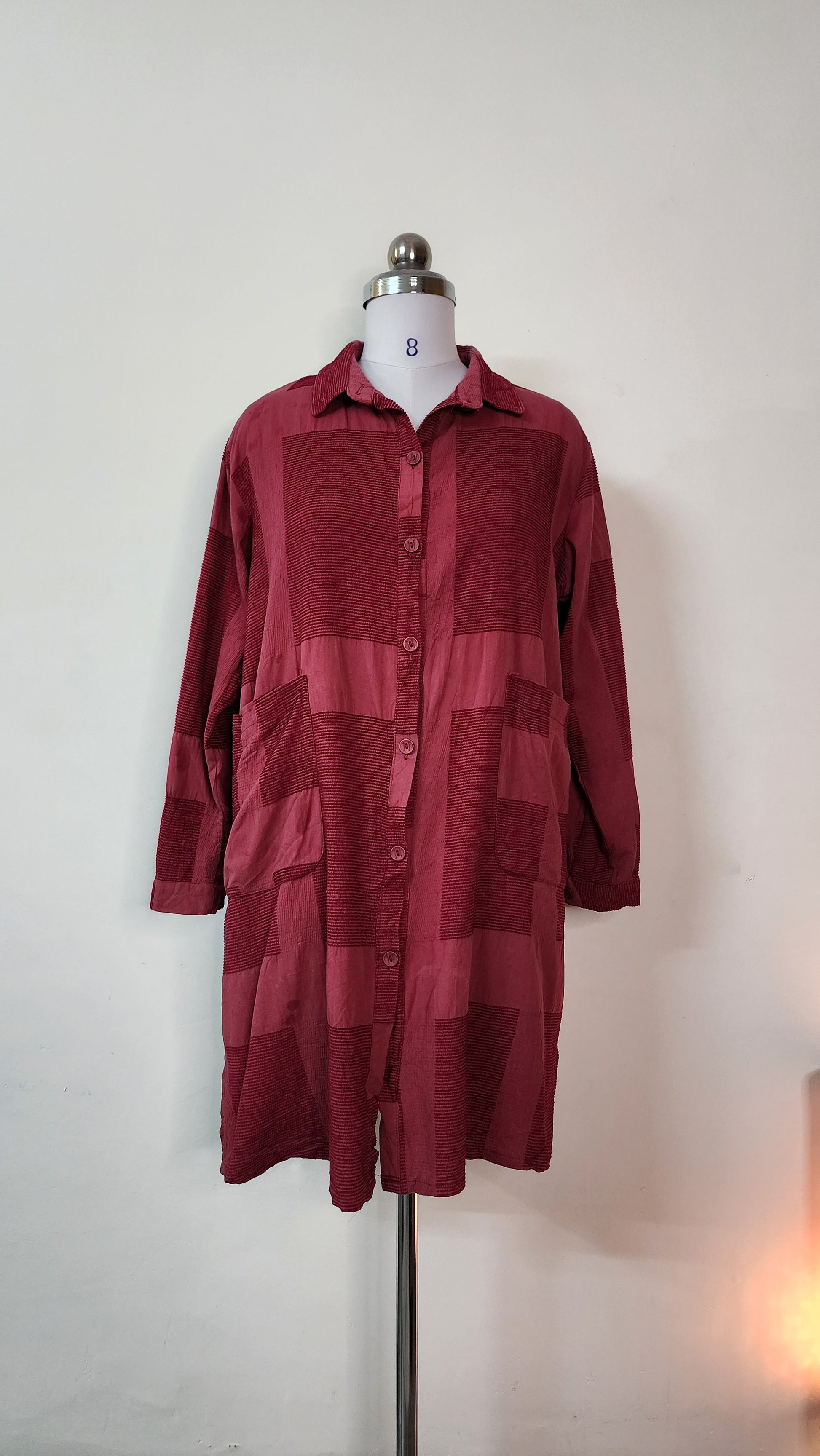 Burgundy Textured Patchwork Mini Shirt Dress