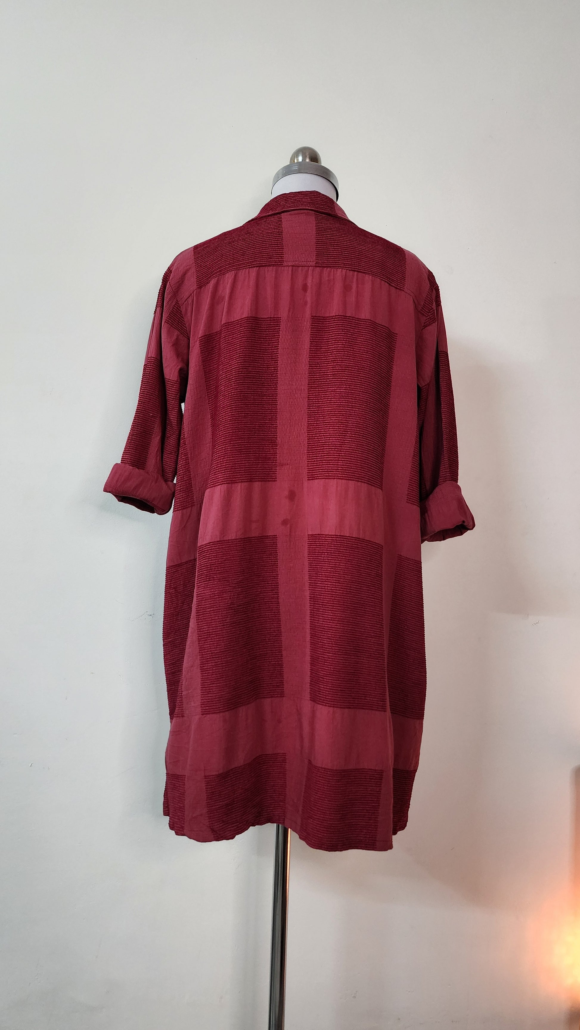 Burgundy Textured Patchwork Mini Shirt Dress