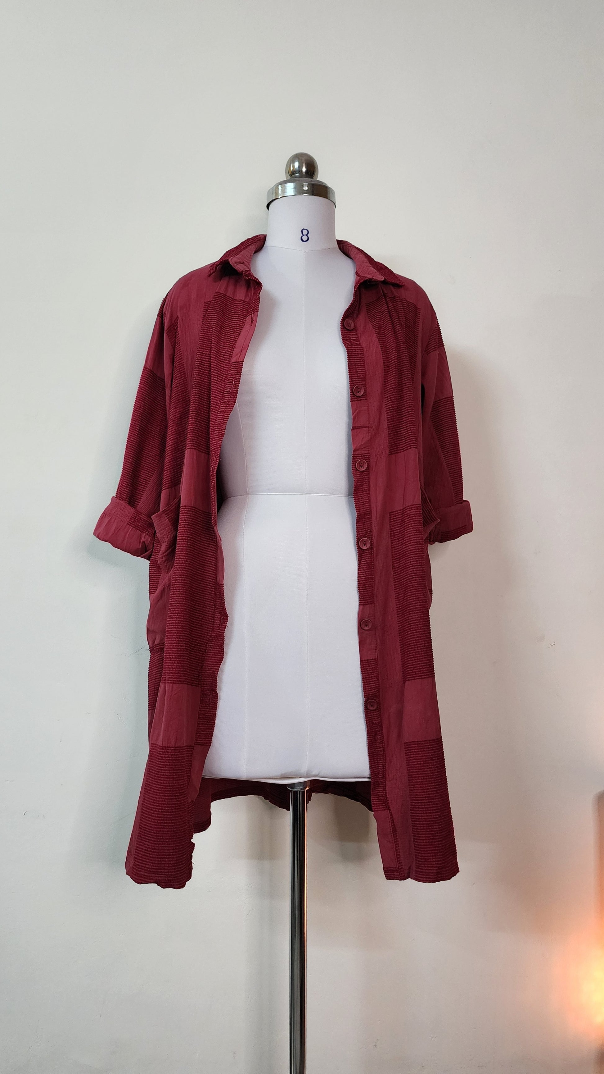Burgundy Textured Patchwork Mini Shirt Dress
