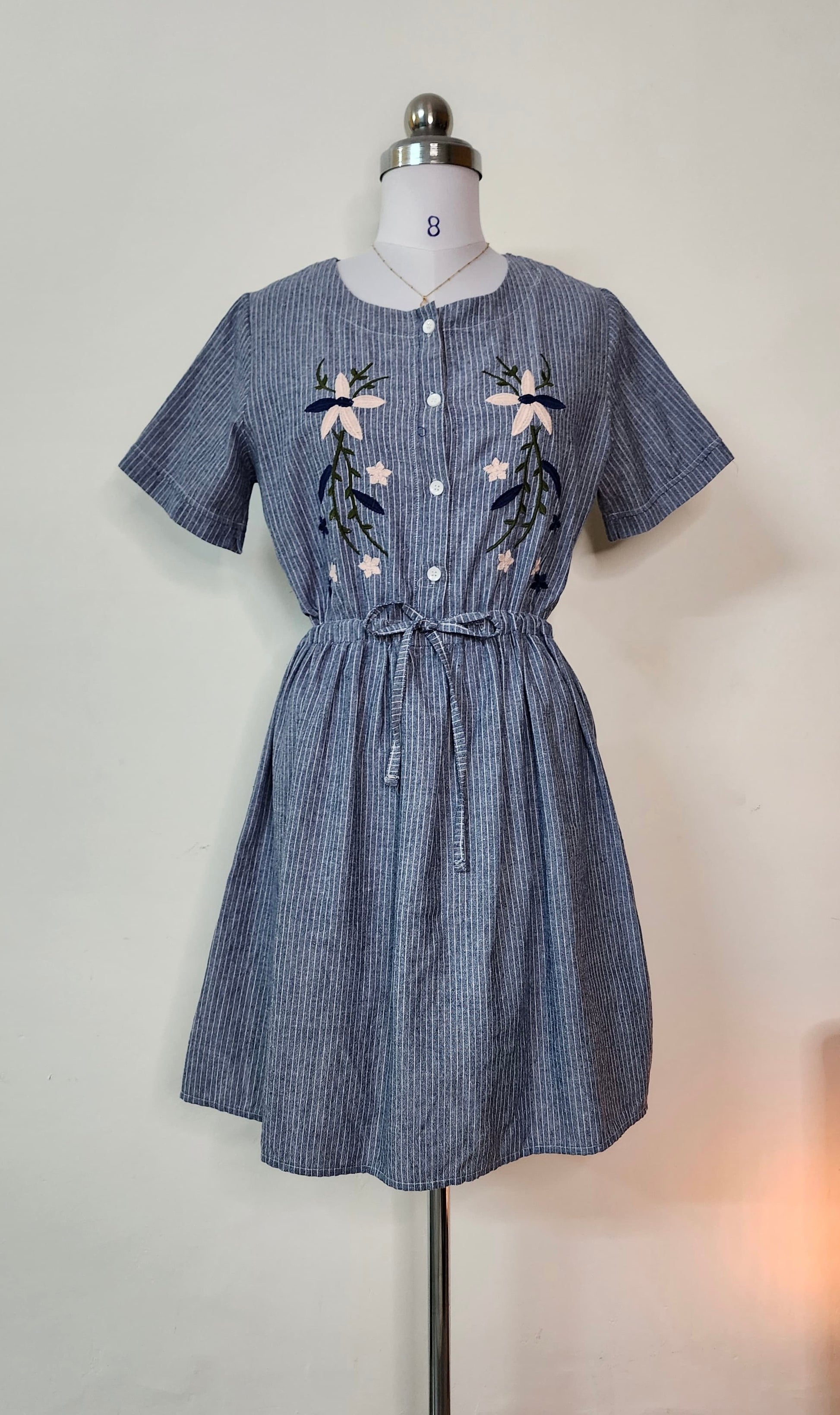 Vintage-Style Pinstripe Embroidered Floral Shirt Dress with Belt