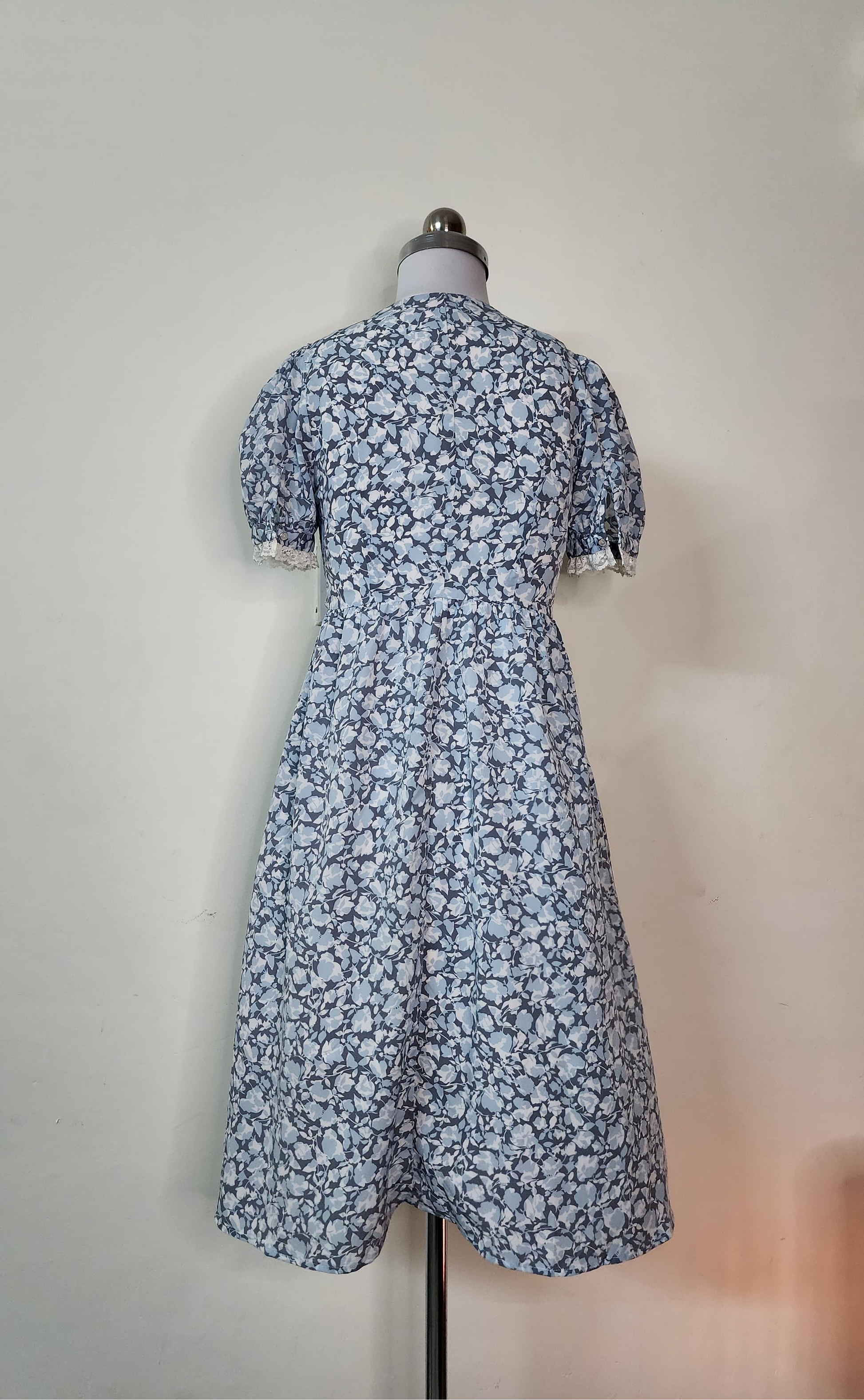 Blue Floral Dress with White Sailor Collar and Lace Trim