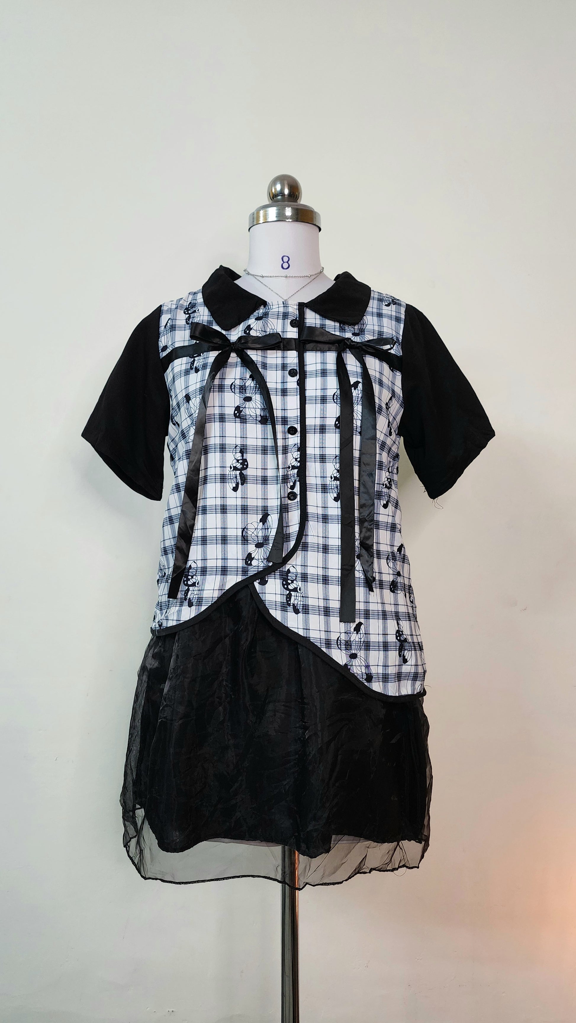 Cartoon Plaid Short Sleeve Mini Dress - Layered Design with Black Skirt