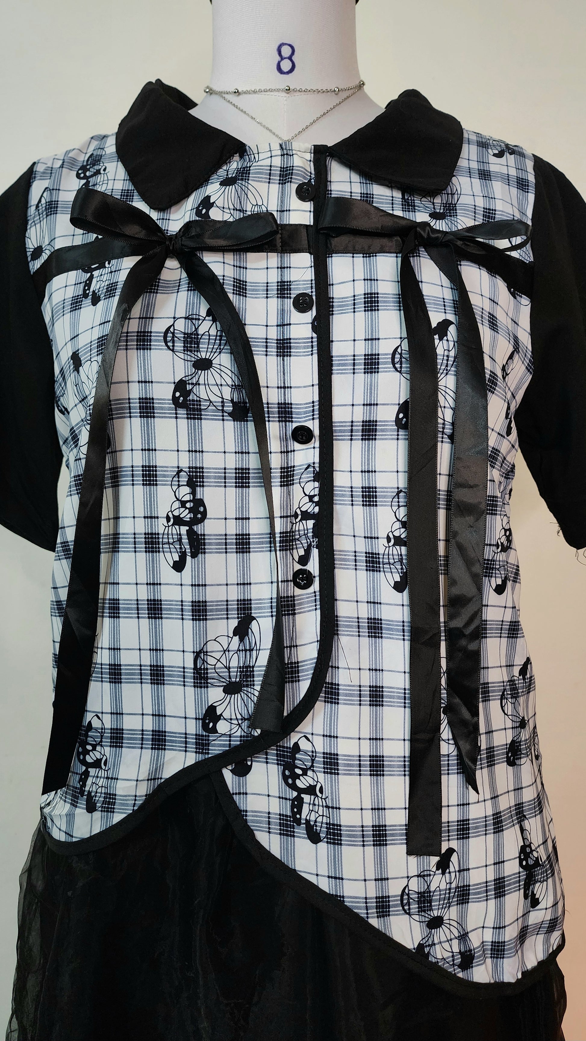 Cartoon Plaid Short Sleeve Mini Dress - Layered Design with Black Skirt