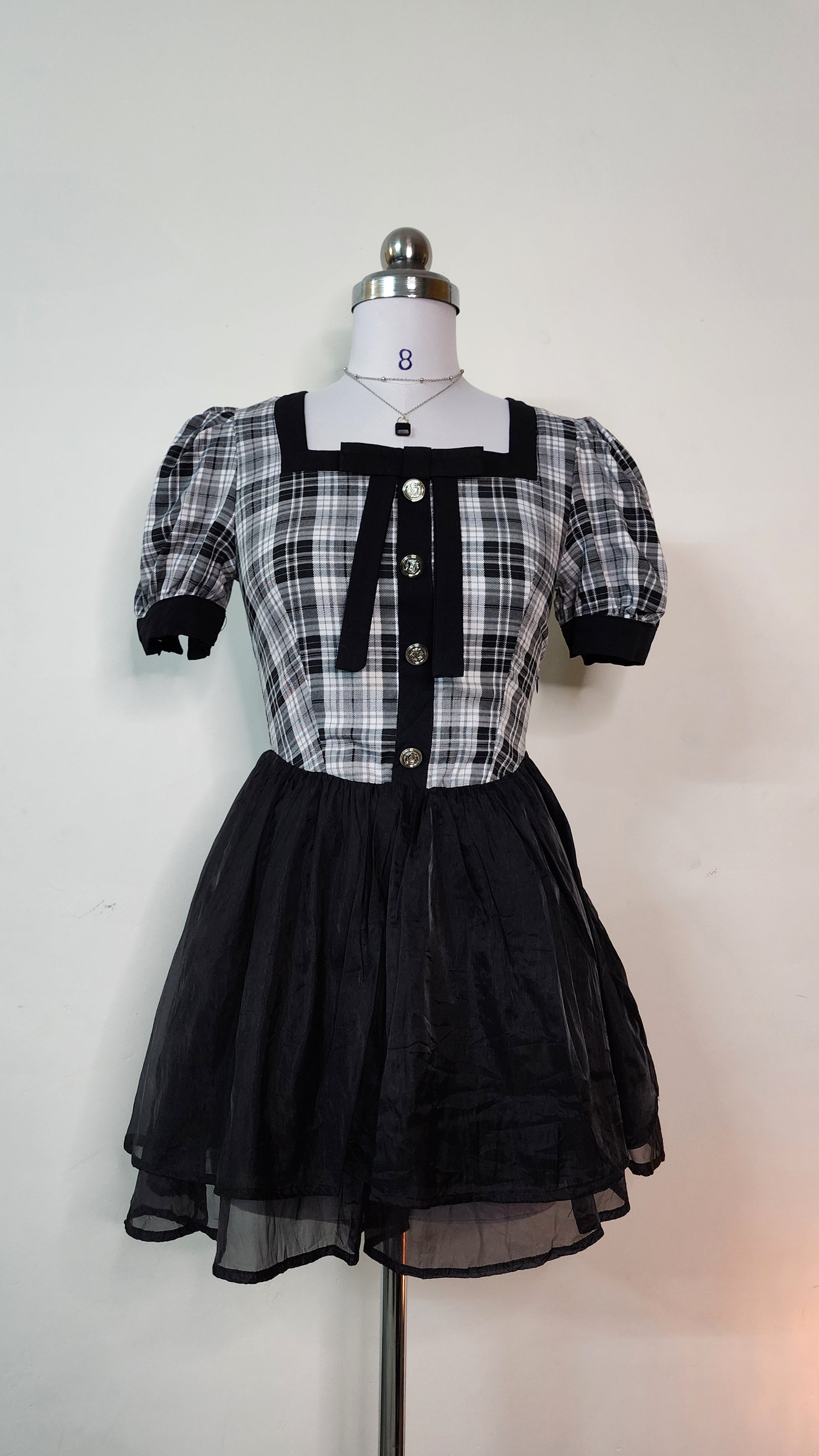 Chic Black & White Plaid Mini Dress - Square Neck Puff Sleeve