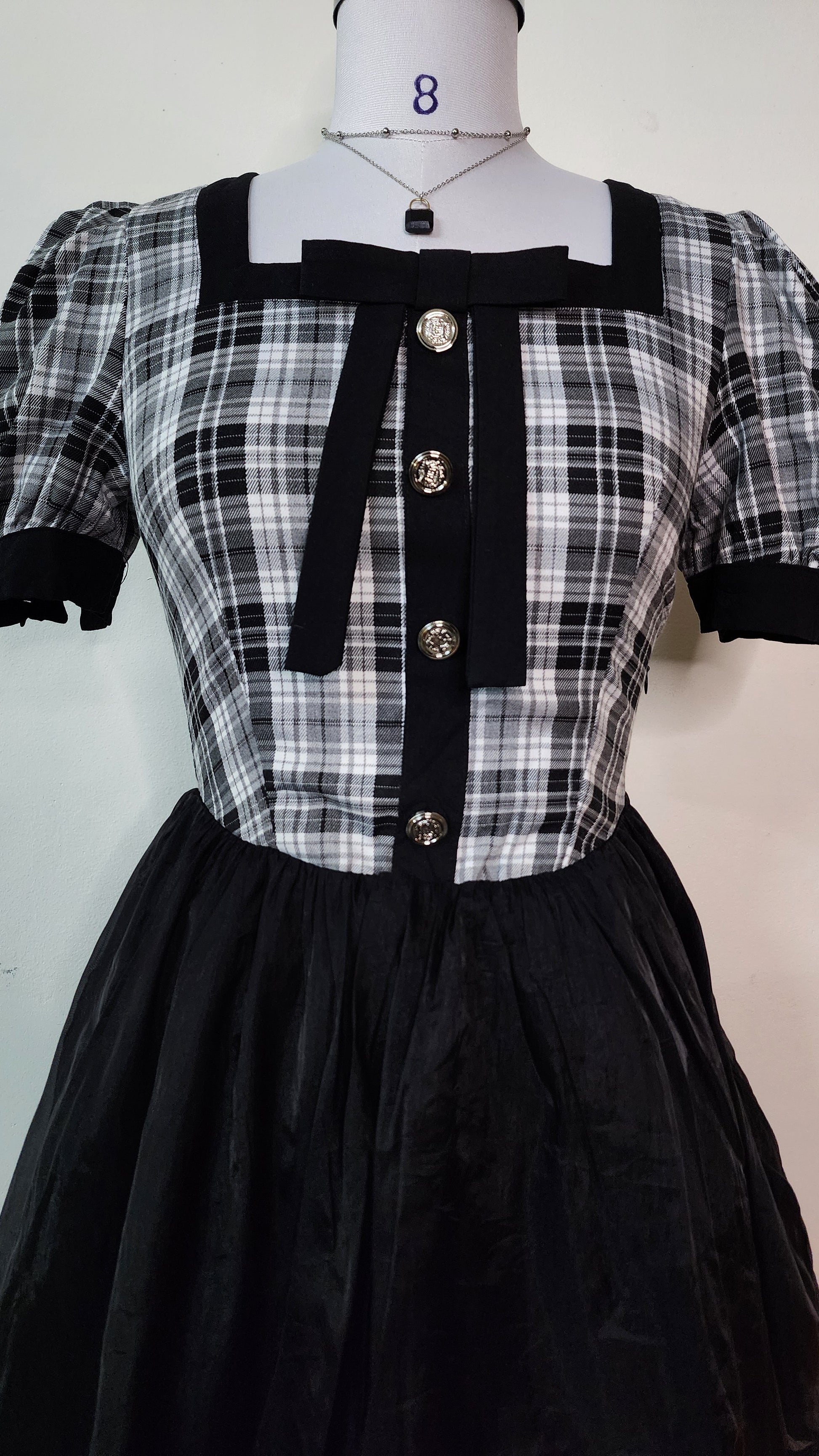 Chic Black & White Plaid Mini Dress - Square Neck Puff Sleeve