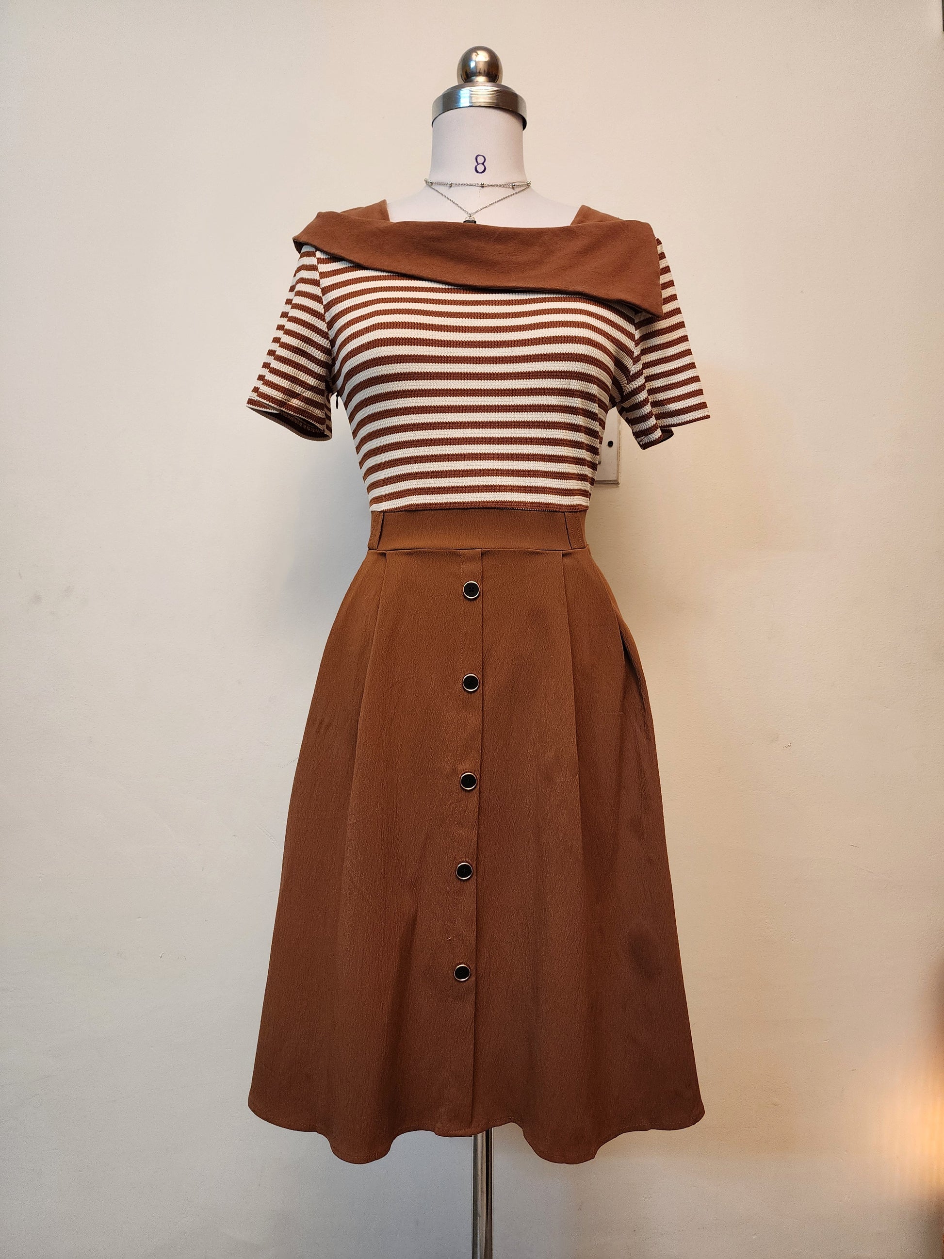 Chic Striped Off-Shoulder Midi Dress with Button Front