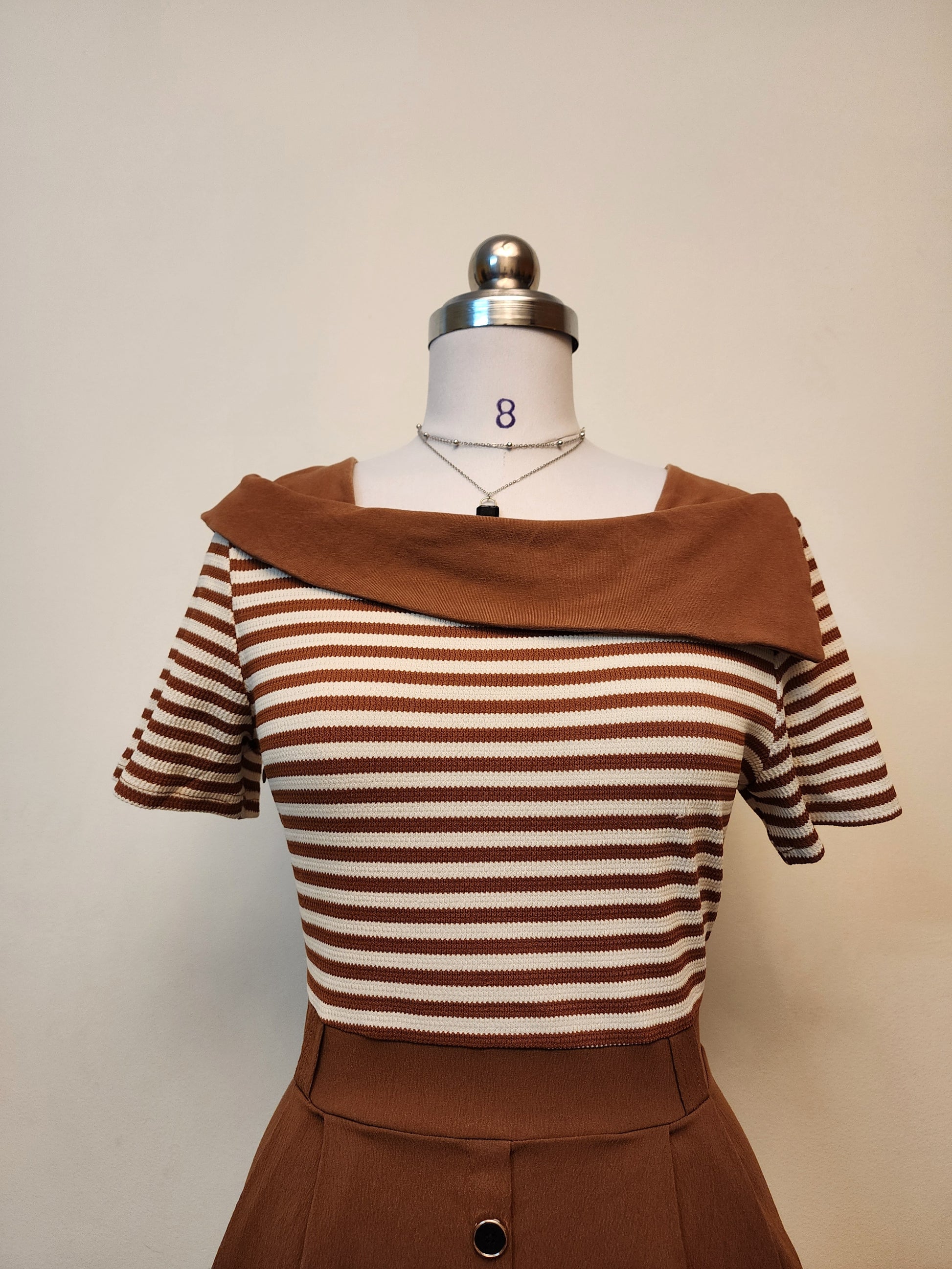 Chic Striped Off-Shoulder Midi Dress with Button Front