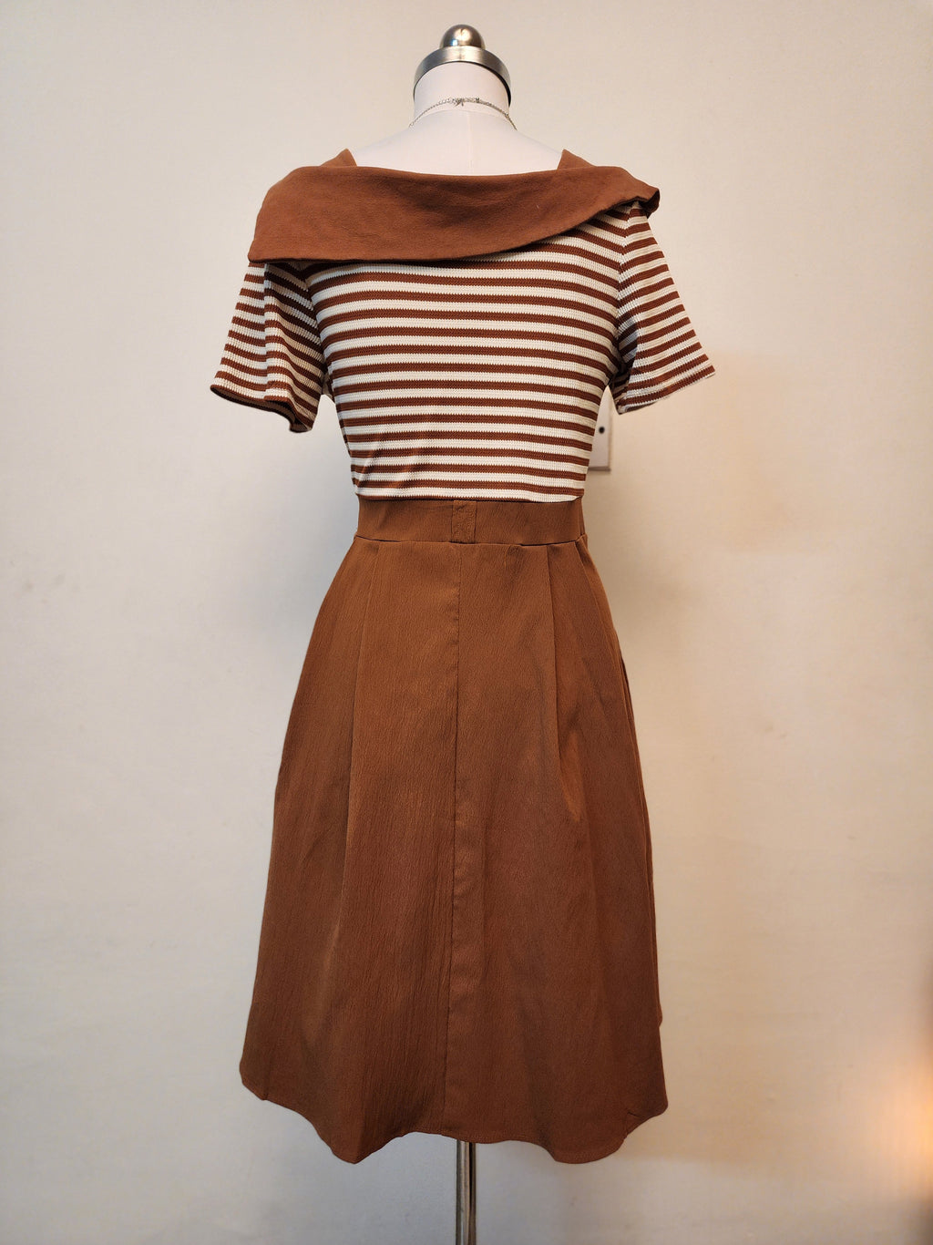 Chic Striped Off-Shoulder Midi Dress with Button Front