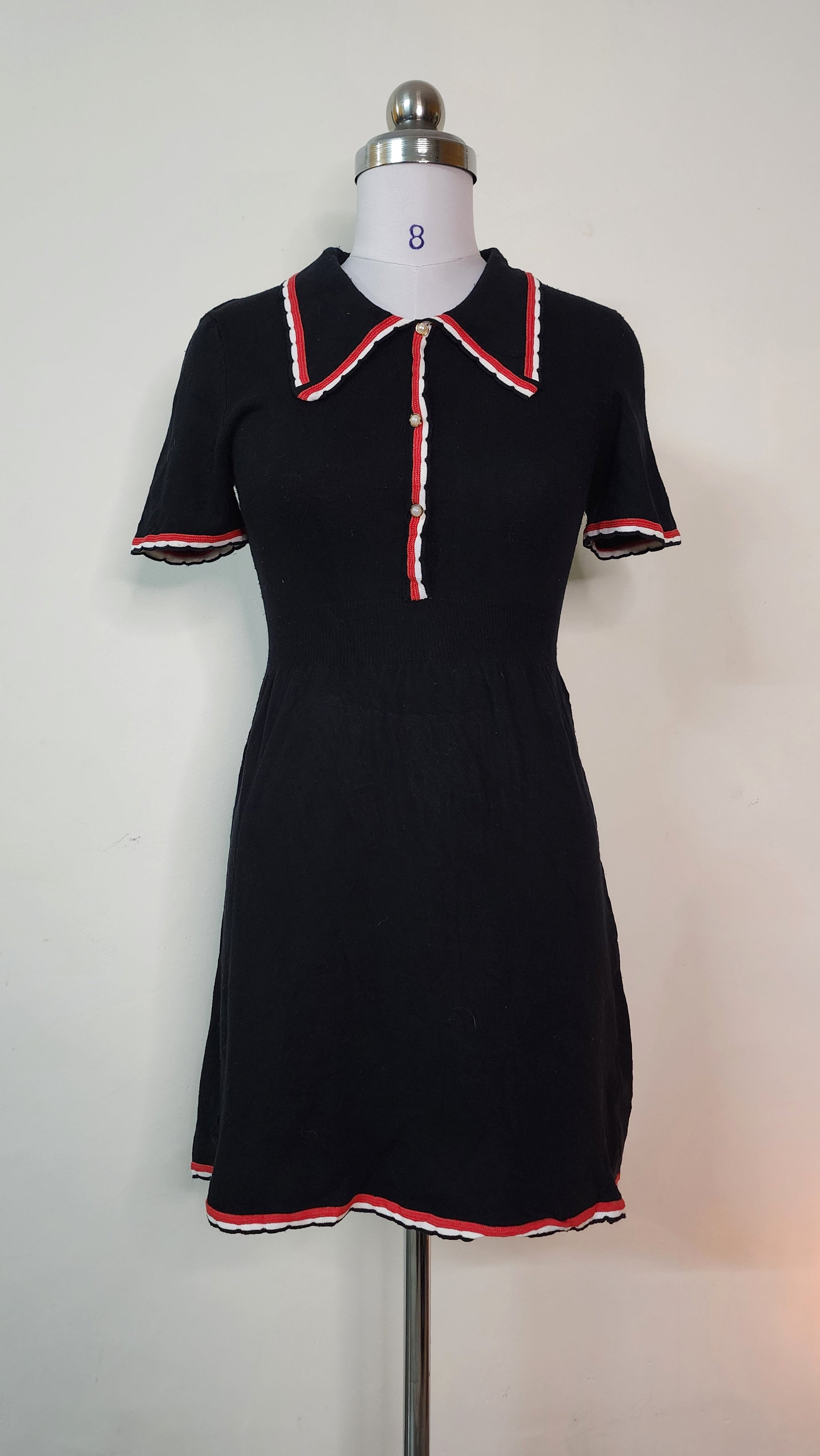 Classic Black Knit Mini Dress - Red & White Trim Polo Style