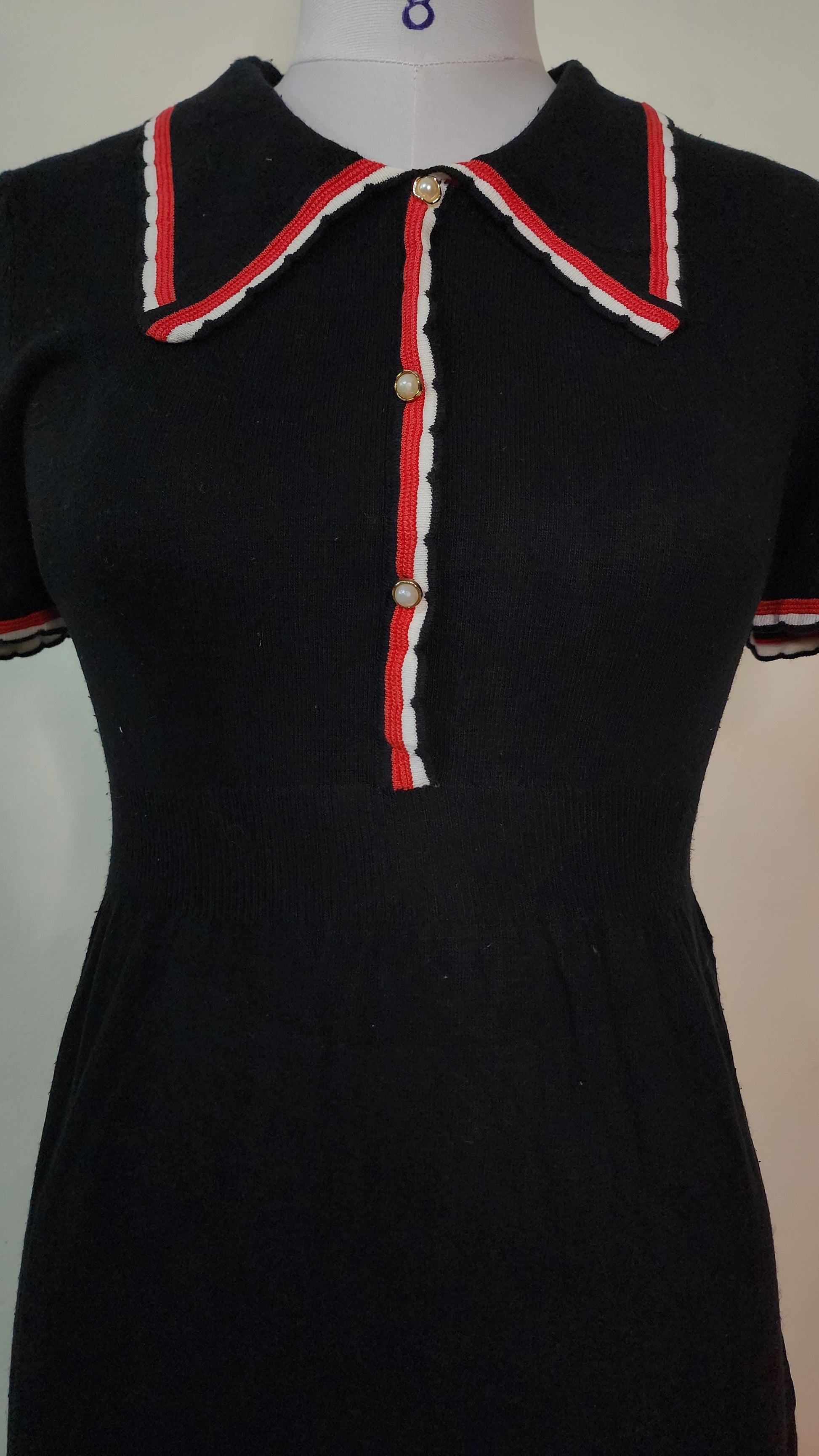 Classic Black Knit Mini Dress - Red & White Trim Polo Style